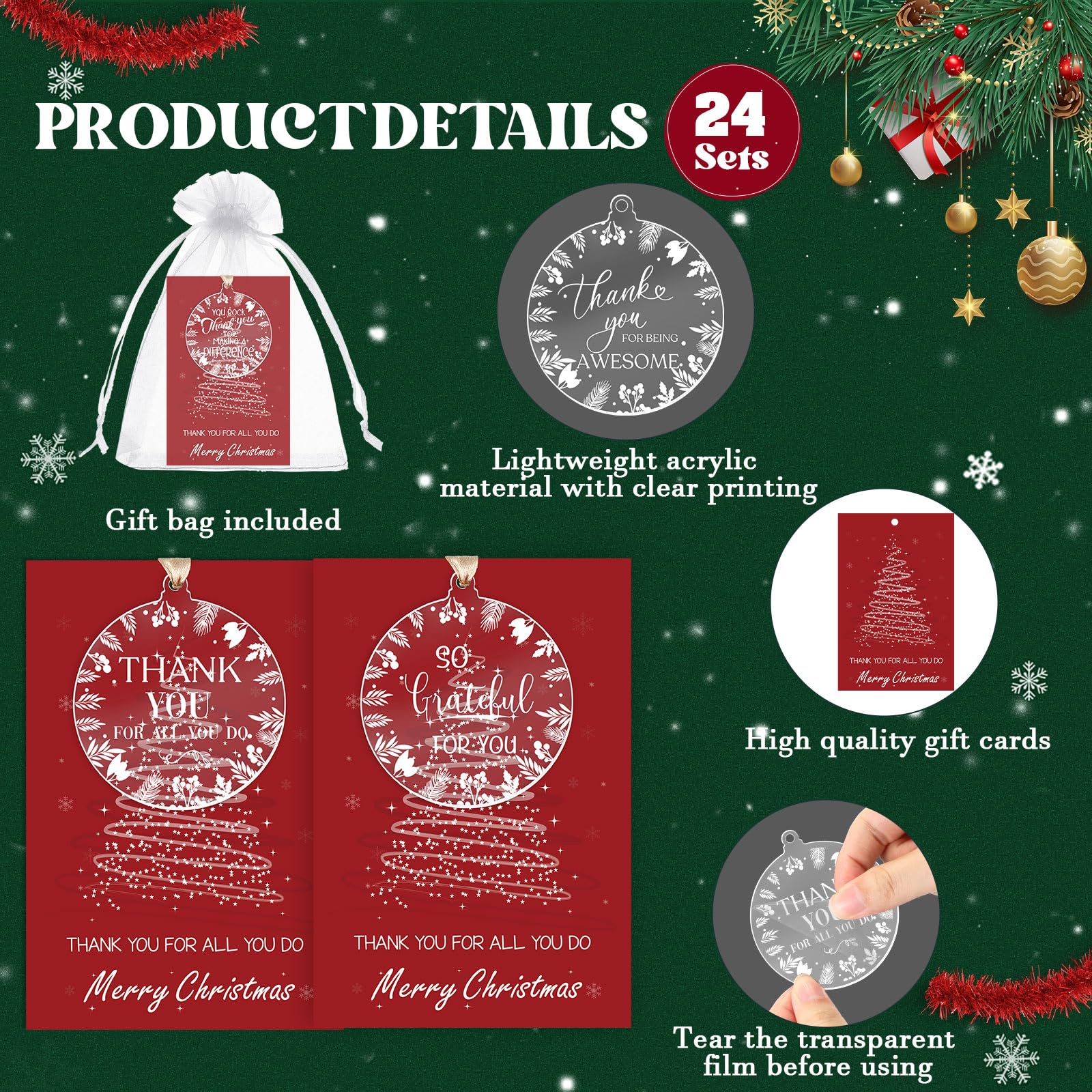 Nezyo 24 Sets Christmas Appreciation Gifts Acrylic Christmas Tree Ornaments Round Pendant Ornaments with Thank You Card Ribbon Mesh Bag Xmas Tree Decoration Thank You Gifts for Employee(Classic) - Image 3