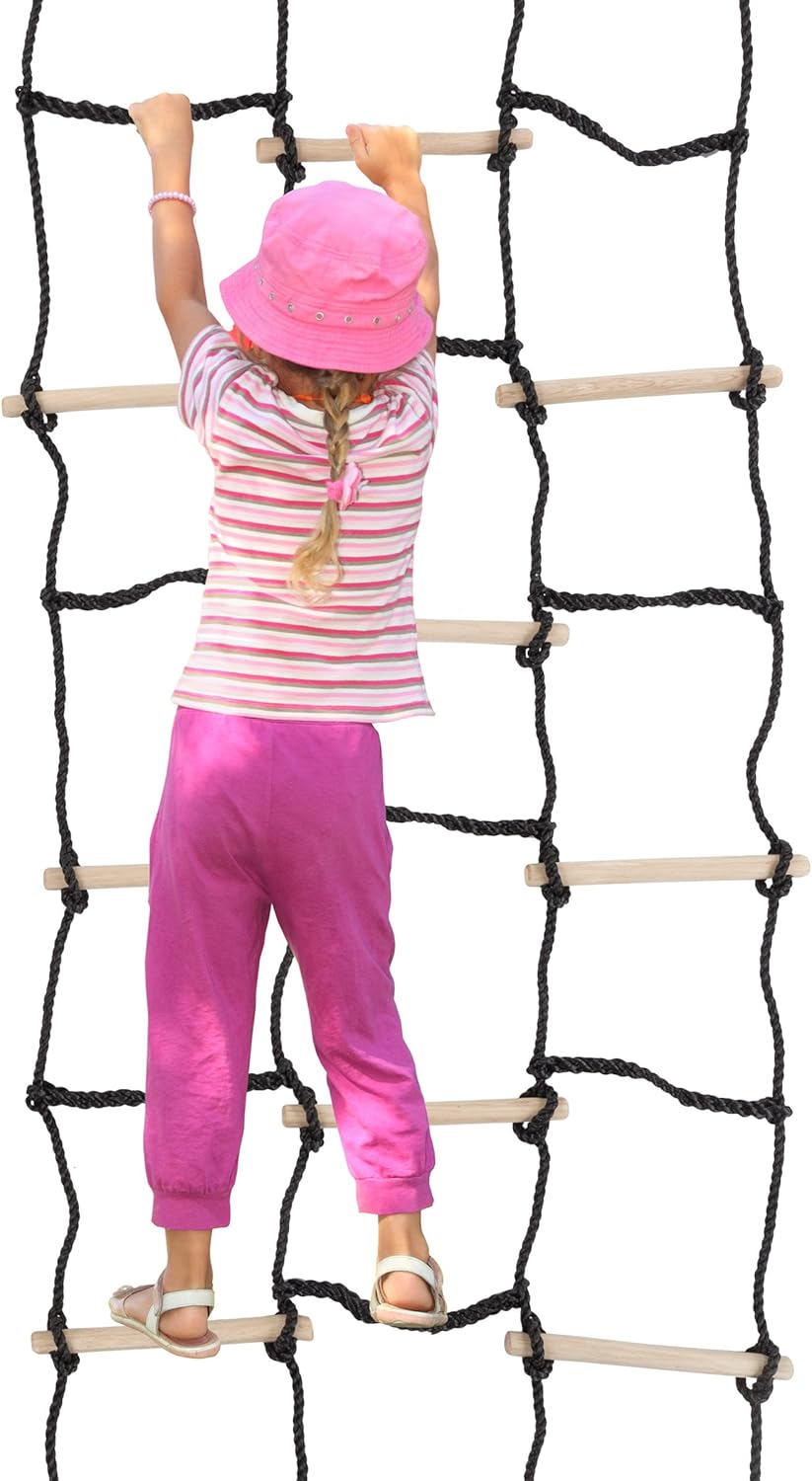 Kids Climbing Cargo Net With Nylon Rope and Wooden Dowels- Fun Outdoor Toy for Balance, Coordination and Strength for Boys and Girls By Hey! Play!