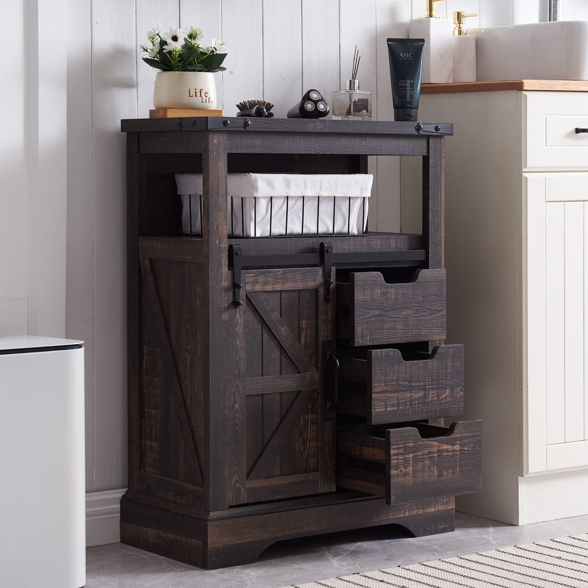 OKD Bathroom Floor Cabinet, Farmhouse Cabinet with Sliding Barn Door & Storage Drawers, Small Storage Cabinet for Bathroom, Kitchen, Living Room, Dark Rustic Oak
