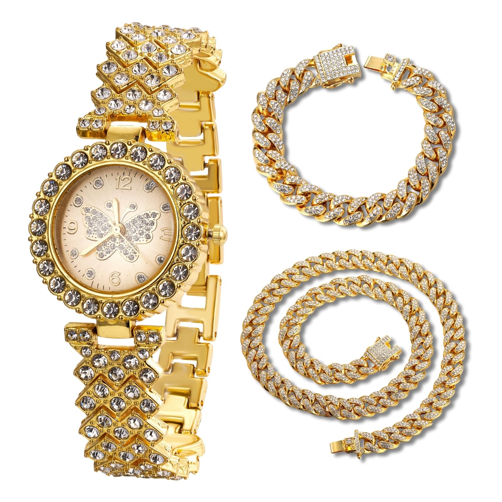 Halukakah Orologio con diamanti ghiacciati per ragazze adolescenti e bambini, placcato in oro 18 carati, quadrante con motivo a farfalla da 29 mm, al quarzo giapponese, lunghezza 19,6 cm, opzionale