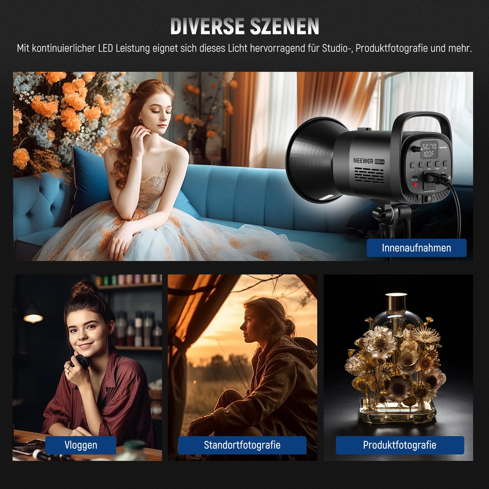 NEEWER 70W LED Videoleuchte, 2,4G und APP Steuerung, zweifarbig 2700K-6500K Videolicht, 34000 Lux/1m, CRI97+/12 Szenen/Bowens COB Dauerlicht für Studio Fotografie Videoaufnahmen und Streaming, CB60B