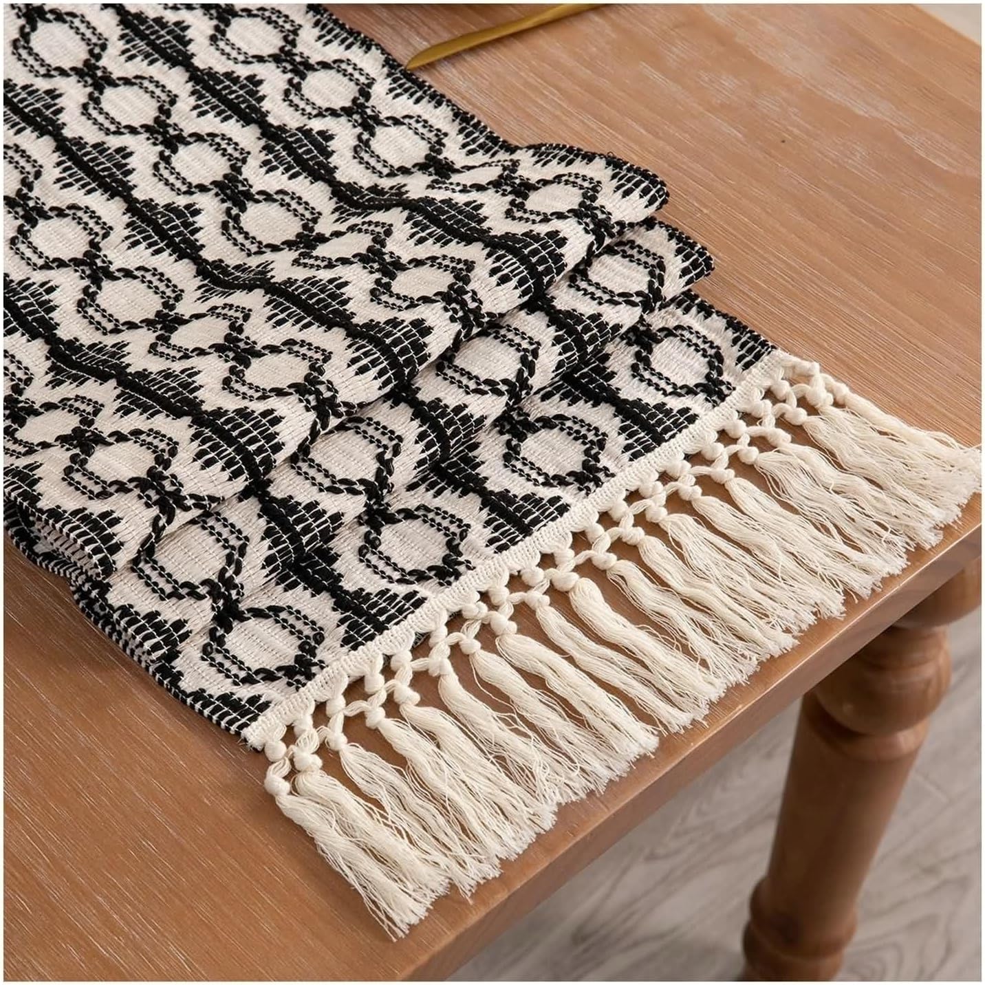 Runner for Table Decorations,12" x 71",Braided with Tassels Linen Table Runners Living Room Table Runner Black