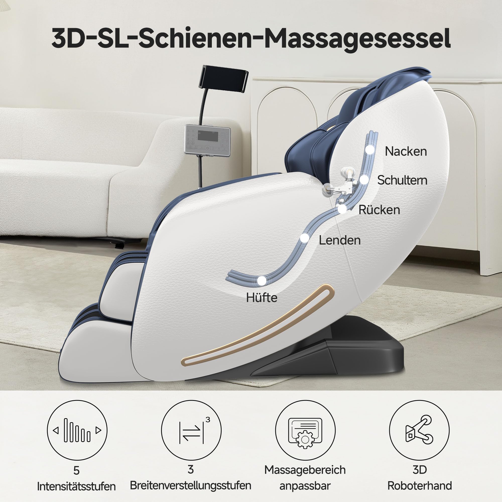 Real Relax 2026 Massagesessel Ganzkörper, Zero Gravity SL-Track Shiatsu-Massage-Liegesessel mit Telefon-Controller und Halterung, Kindersicherung, Pause-Taste und LED-Beleuchtung, Favor-06, Blau-Weiß