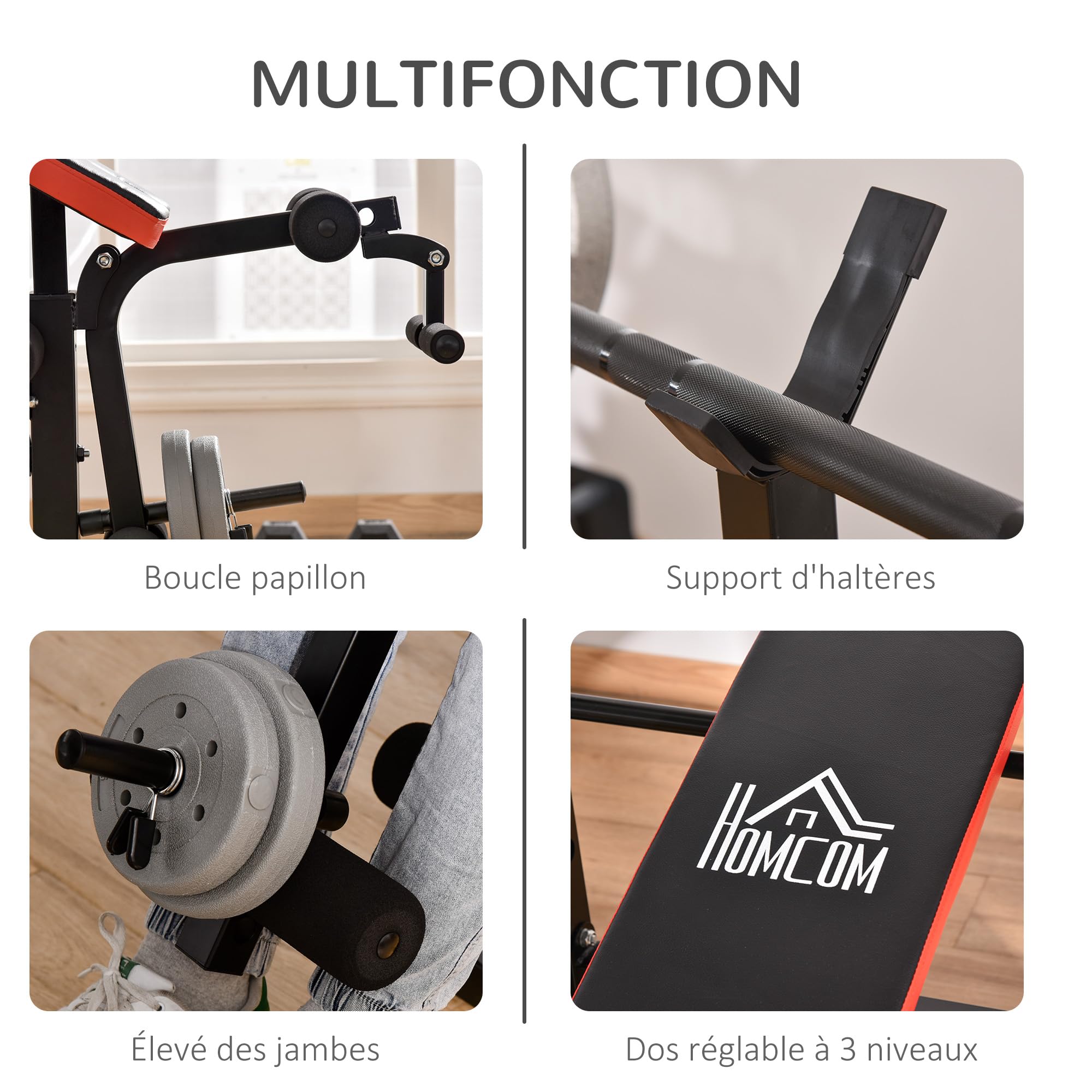 HOMCOM Banc de musculation Fitness entrainement complet avec support d'haltères dossier réglable acier 175 x 139 x 127 cm noir et rouge