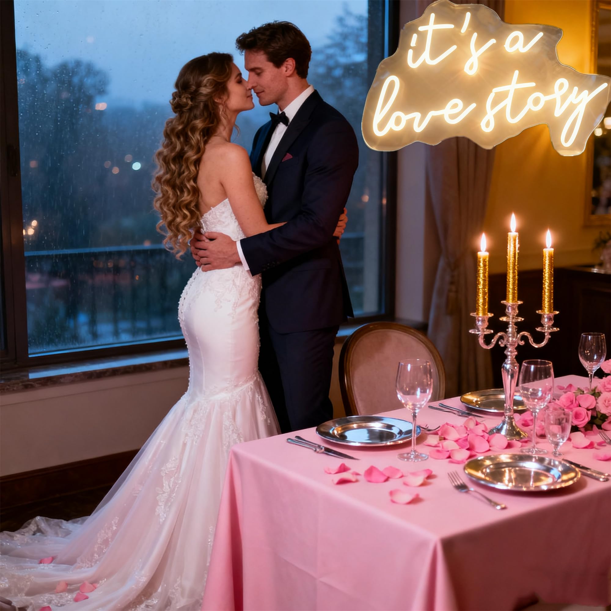 It's a Love Story Neon Schild, 16 x 11,8 Zoll Neon Hochzeitsschild mit Dimmschalter für Schminktisch Schlafzimmer Hochzeit Verlobung, Jahrestag, Valentinstag-Hintergrunddekoration (Warmweiß)
