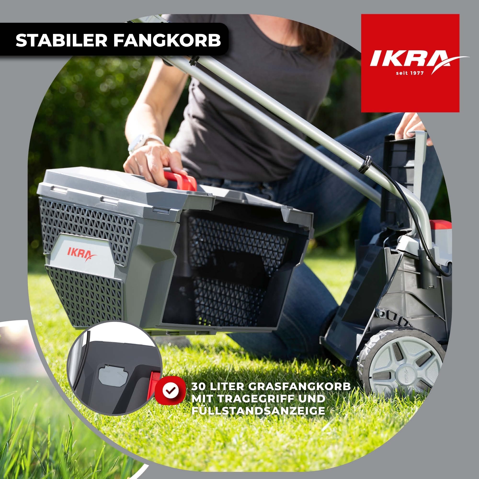 IKRA Rasenmäher IB-LM 33, Schnittbreite 33cm, ohne 36V Akku & Ladegerät | Kompatibel mit Bosch, empfohlene Rasenflächen bis 250m², Schnitthöhe 30-70mm, Fangkorb 30l, leicht, kompakt & ergonomisch