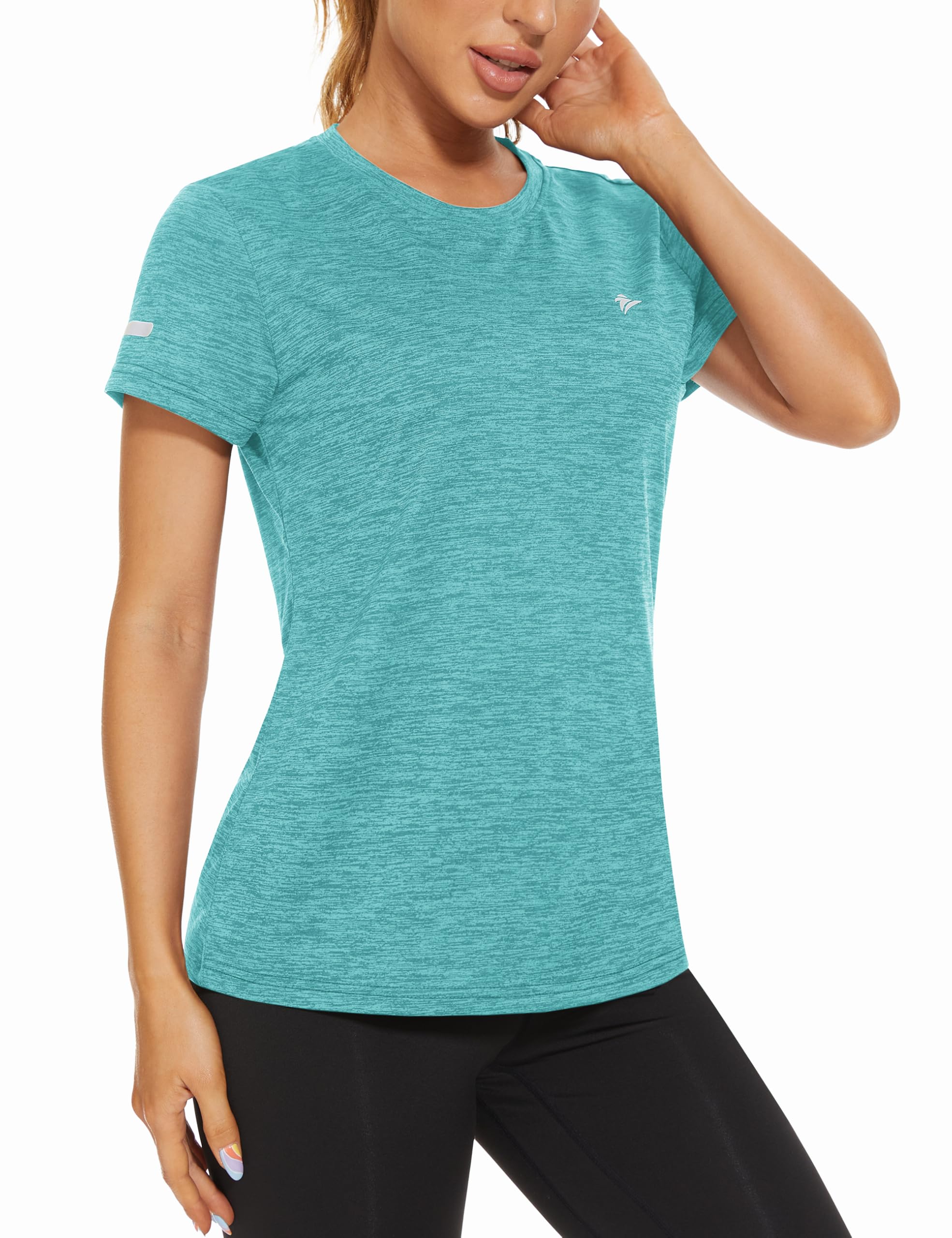TACVASEN Damen Meliert Sport T-Shirt Laufshirt Kurzarm Sportshirt Rundhals Shirt Sommer Leicht mit Reflexstreifen