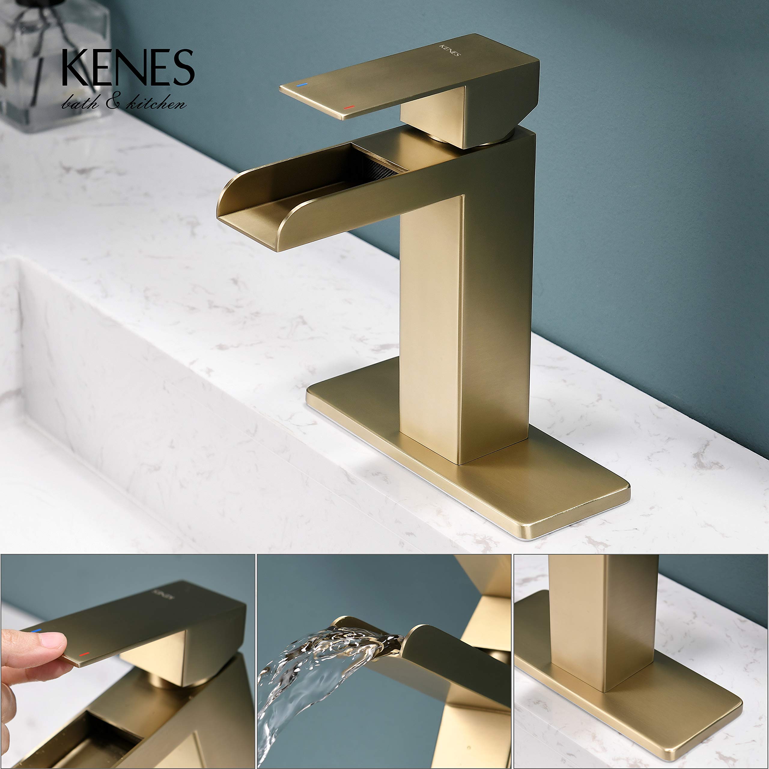KENES Brushed Gold Waterfall Bathroom Faucet, Modern Single Hole ...