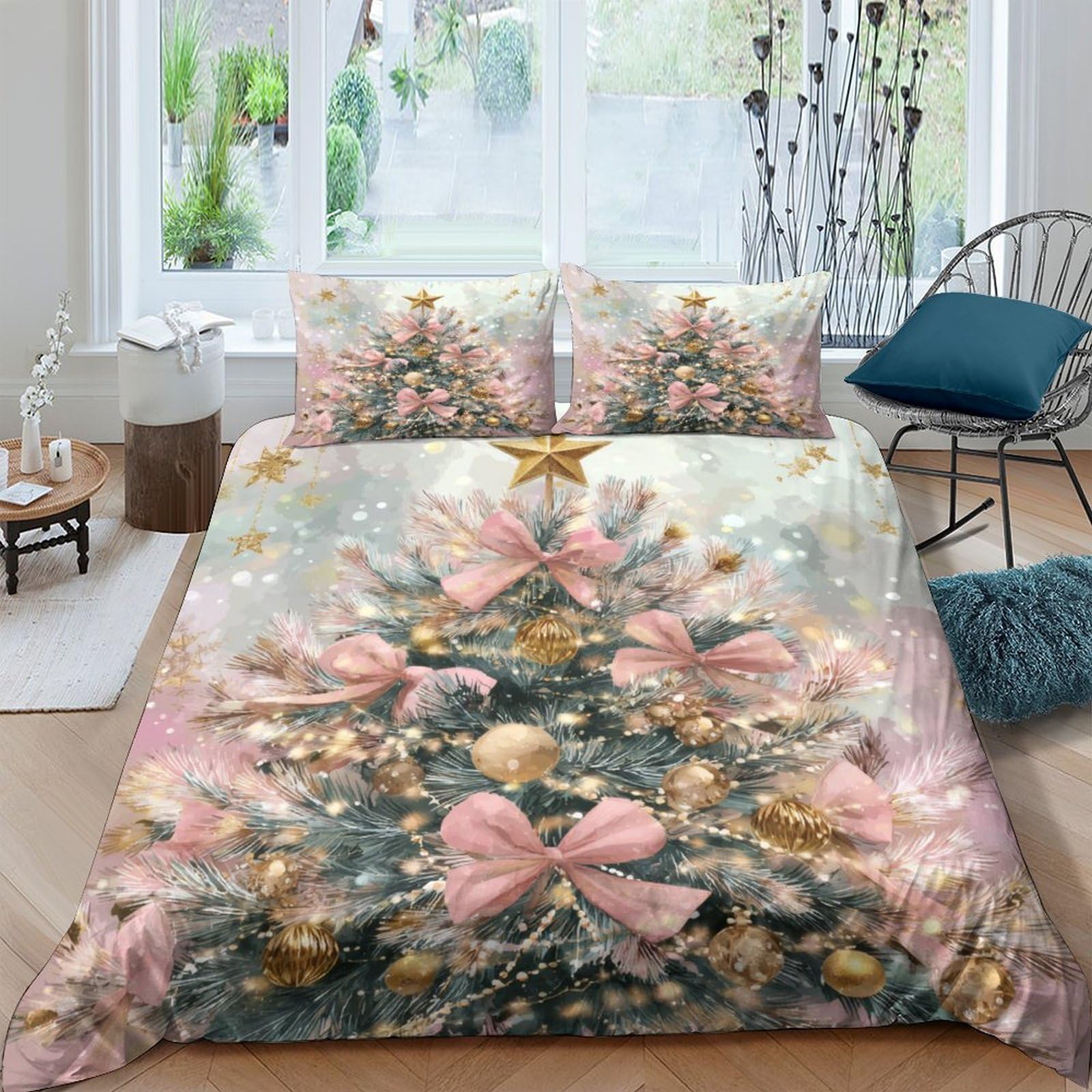 Ctjqhvkz Style-10 3D Printed Christmas Tree Fitted Sheet Microfiber Pink Bow Bed Sheet For Bedroom Guest Room Slippery Resistant Easy Care Single（135X200cm）