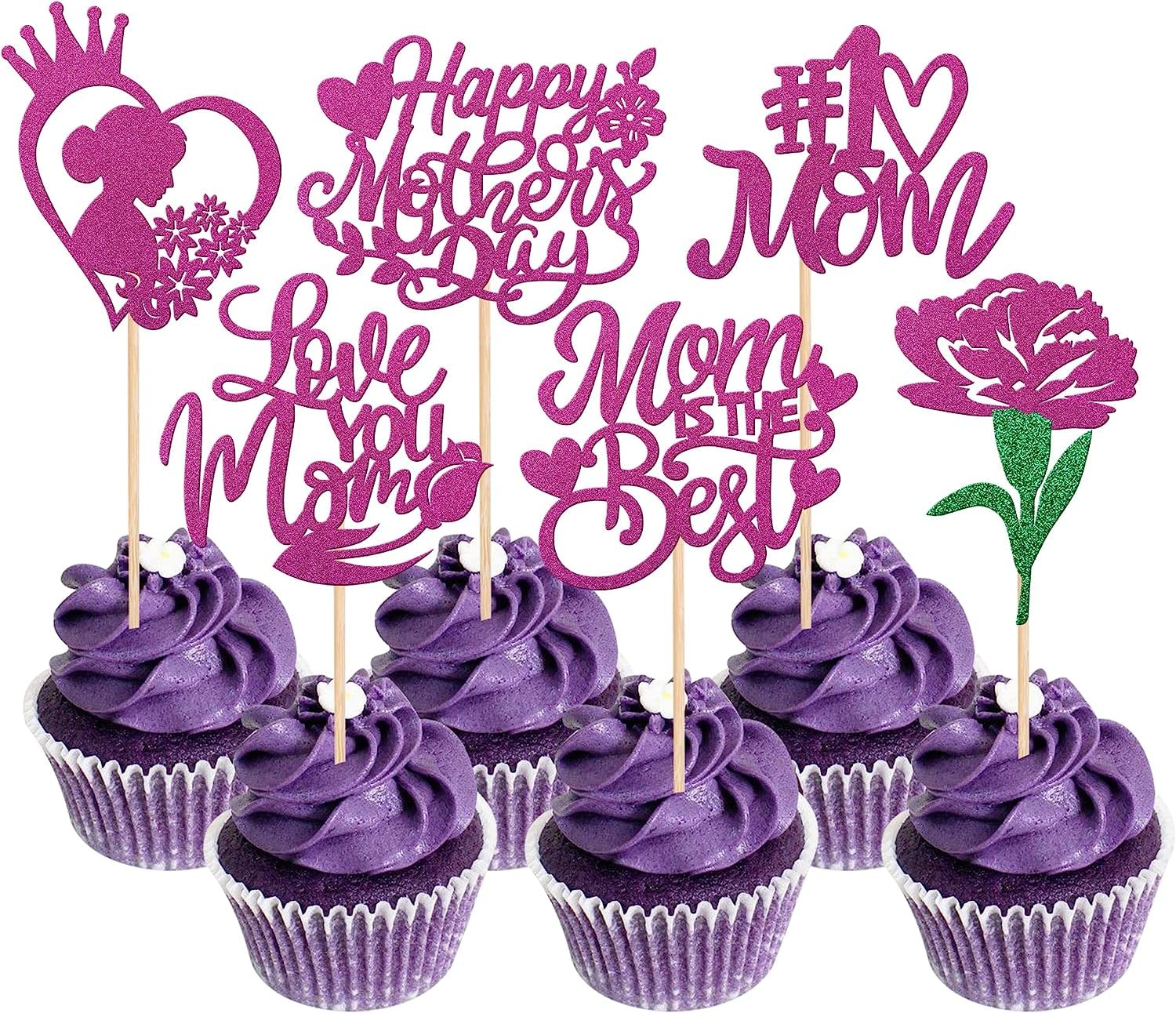 36 Stück Happy Mother's Day Tortendeko, Glitzer Herz I Love You Mom Cupcake Picks Kuchen Deko Best Mom Blume Cake Topper für Muttertag Theme Women Birthday Party Supplies Roserot