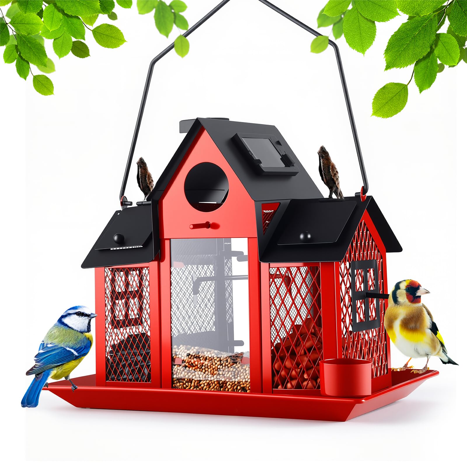 WuJiLiving Solar Metal Wild Bird Feeder for Outdoor Garden, Weather-Resistant House Design with Water Bowls & Drain Tray, Large Capacity, Giftable Packaging (Red BirdDecor)