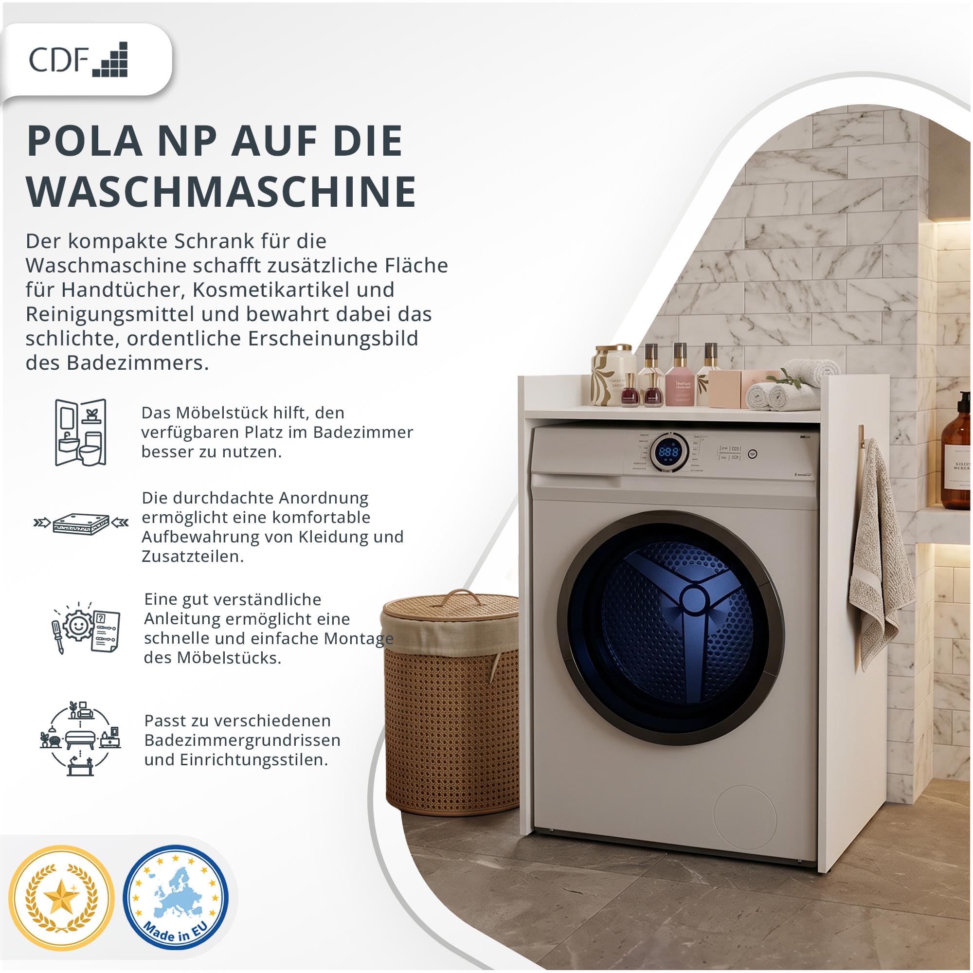 CDF Waschmaschinenschrank für Waschmaschine Wäschetrockner Überbauschrank Badezimmermöbel Midischränke mit Stauraum für Trockner oder Geräte Bad/WC Schrank Weiß H: 97,5 cm 97,5x64x50cm
