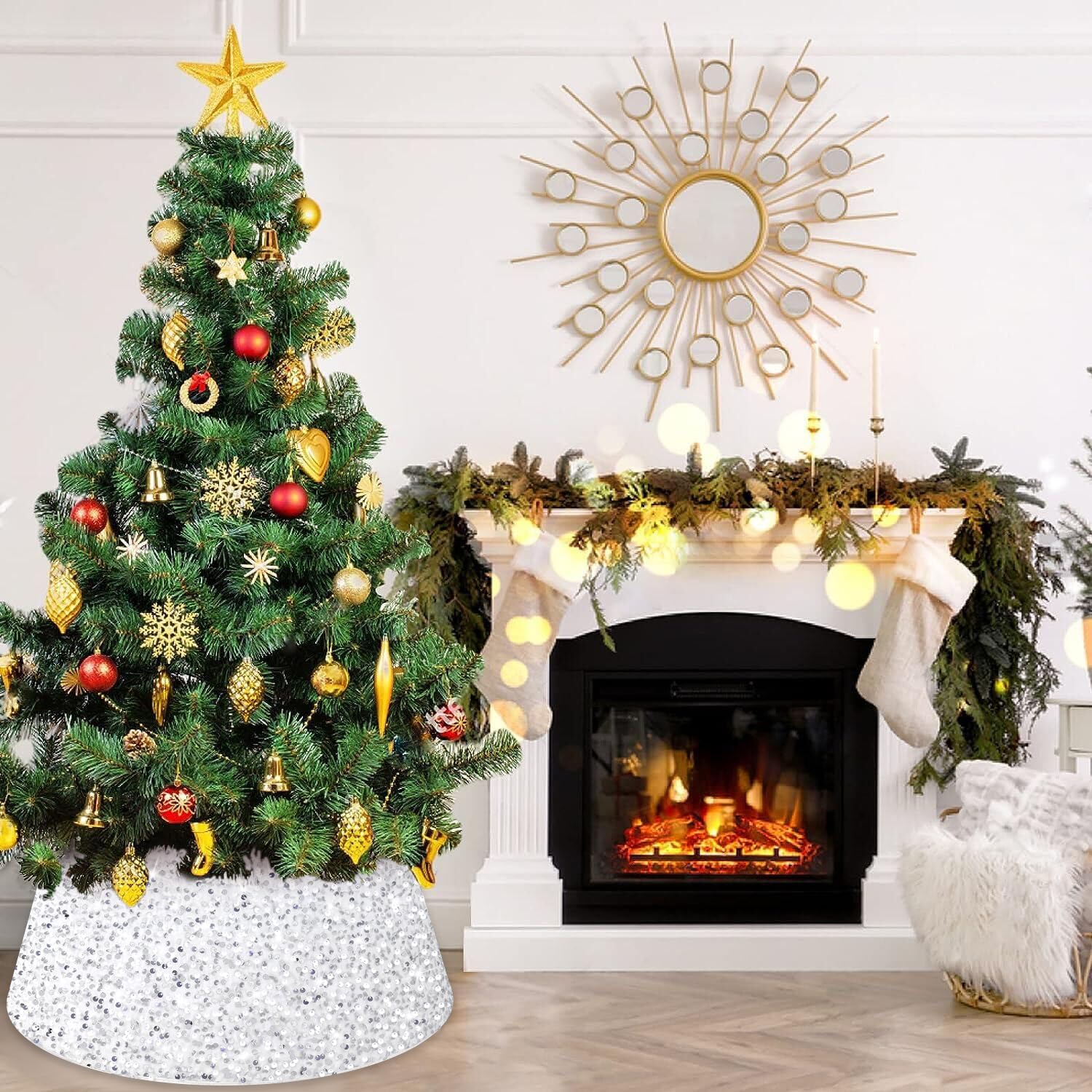 Collare di Natale con paillettes bianco glitter anello albero di Natale diametro 60 cm rotondo base albero scintillio base base velluto gonna per vacanze decorazioni casa