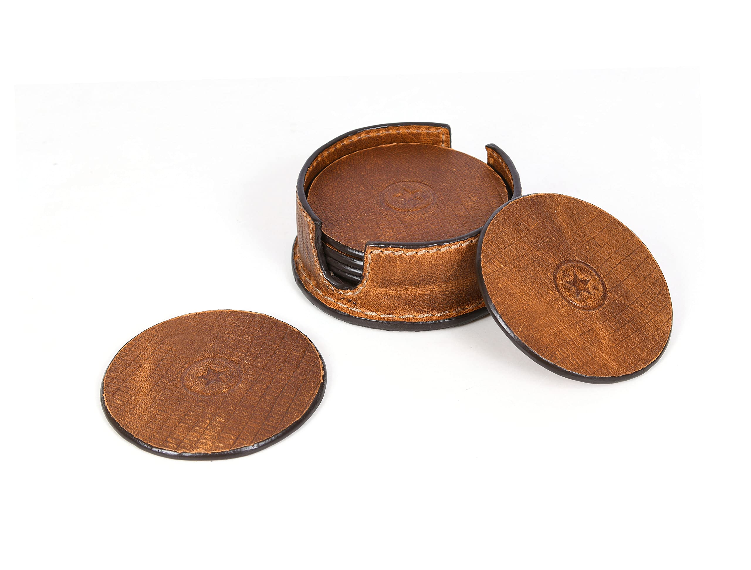 Leather Coasters for Drinks Set of 6 with Holder-Protect Your Furniture from Stains (Cognac)