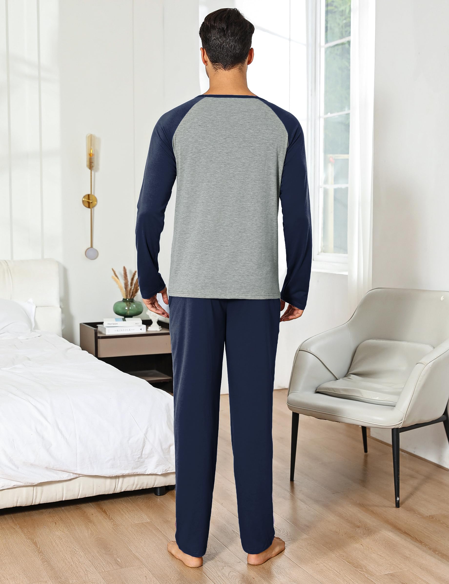 Migcaput Pigiama Cotone da Uomo Set Lungo Comodo Pigiami Due Pezzi da Uomo Pigiama Manica Lunga Pigiama con Tasche con Bottoni