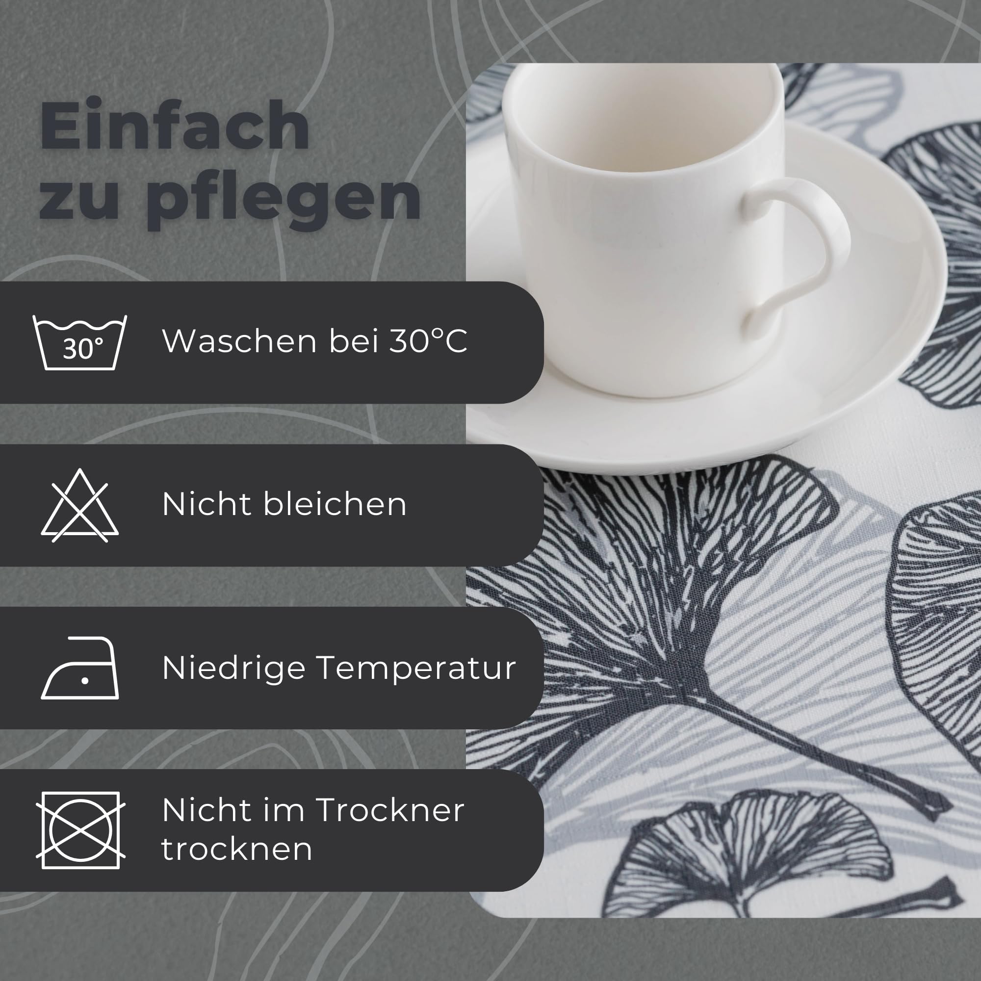 ESSEX - Stems Tablecloth 145 x 220 cm, 100% Polyester, Washable, Leaf Design, Grey, Grey (Stems), 86.6 x 57.1 inch (Rectangular) - Image 3