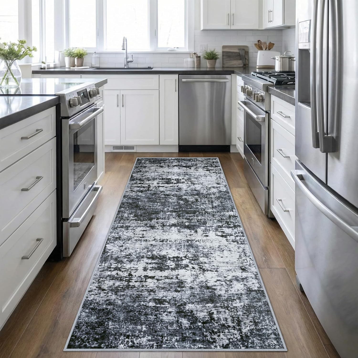 Alfombra de pasaje, Runner Rugs,80 x 260 cm, Abstracto Moderno Negro Blanco Gris,Alfombra Sofá Cama Dormitorio Deco Aesthetic Sofá Casa Oficina,