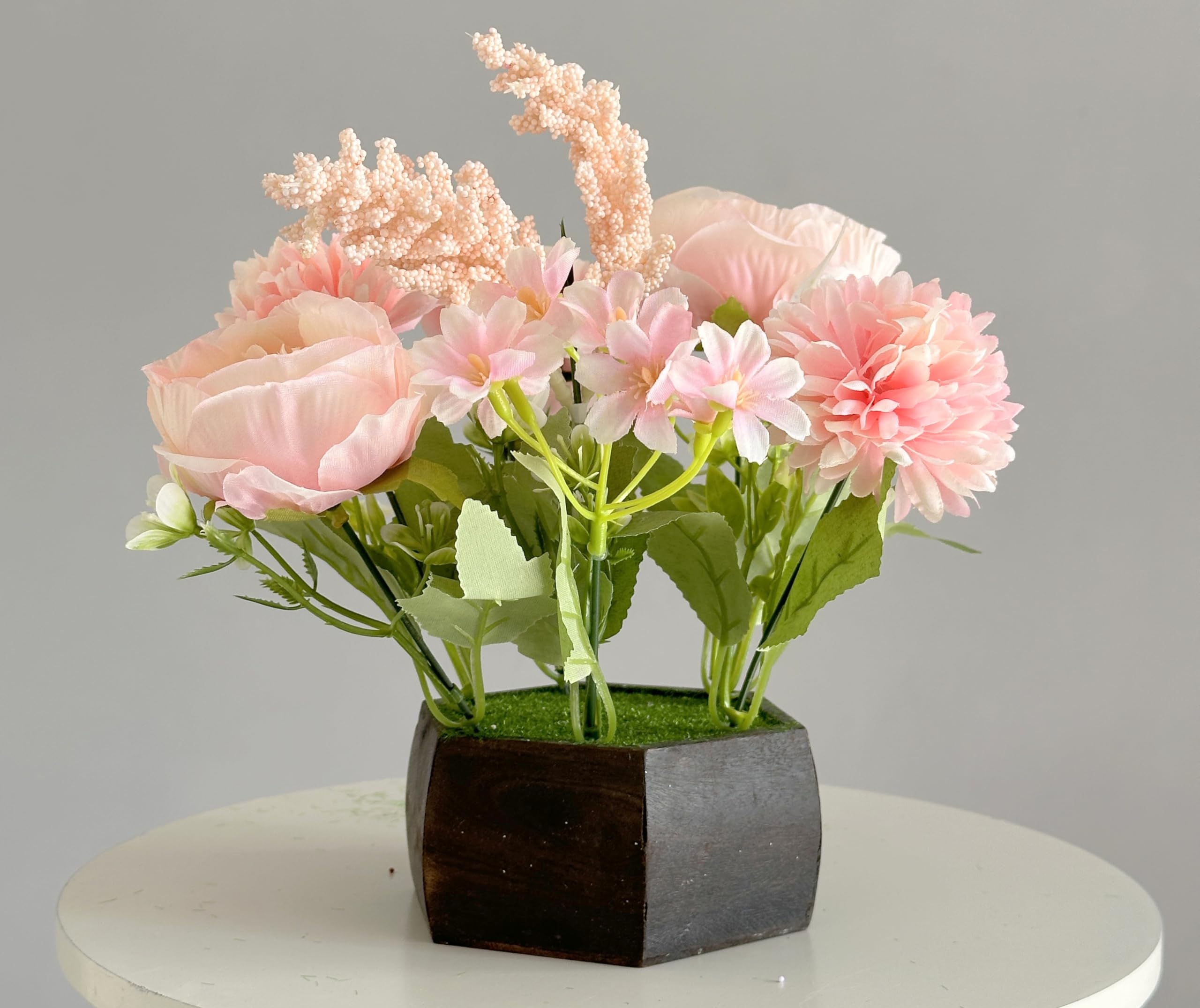 Litleo Wooden Pot with Multi-Design Dry Artificial Flowers - Perfect Home Office Gift Elegant Décor Delight (Pink)