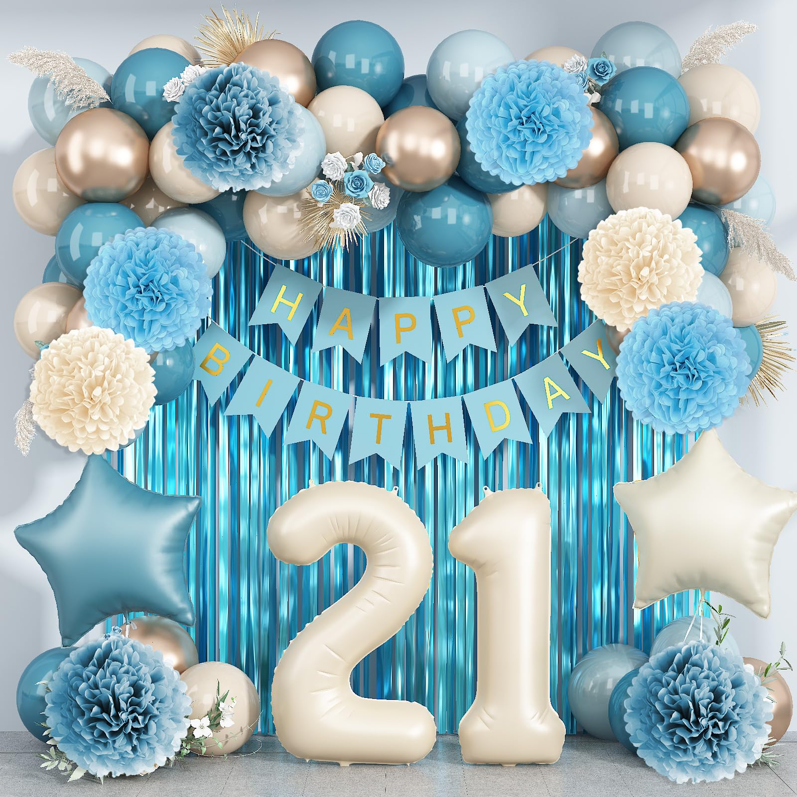Dusty Blue 21st Birthday Party Decorations Boys Beige Number 21 Balloon