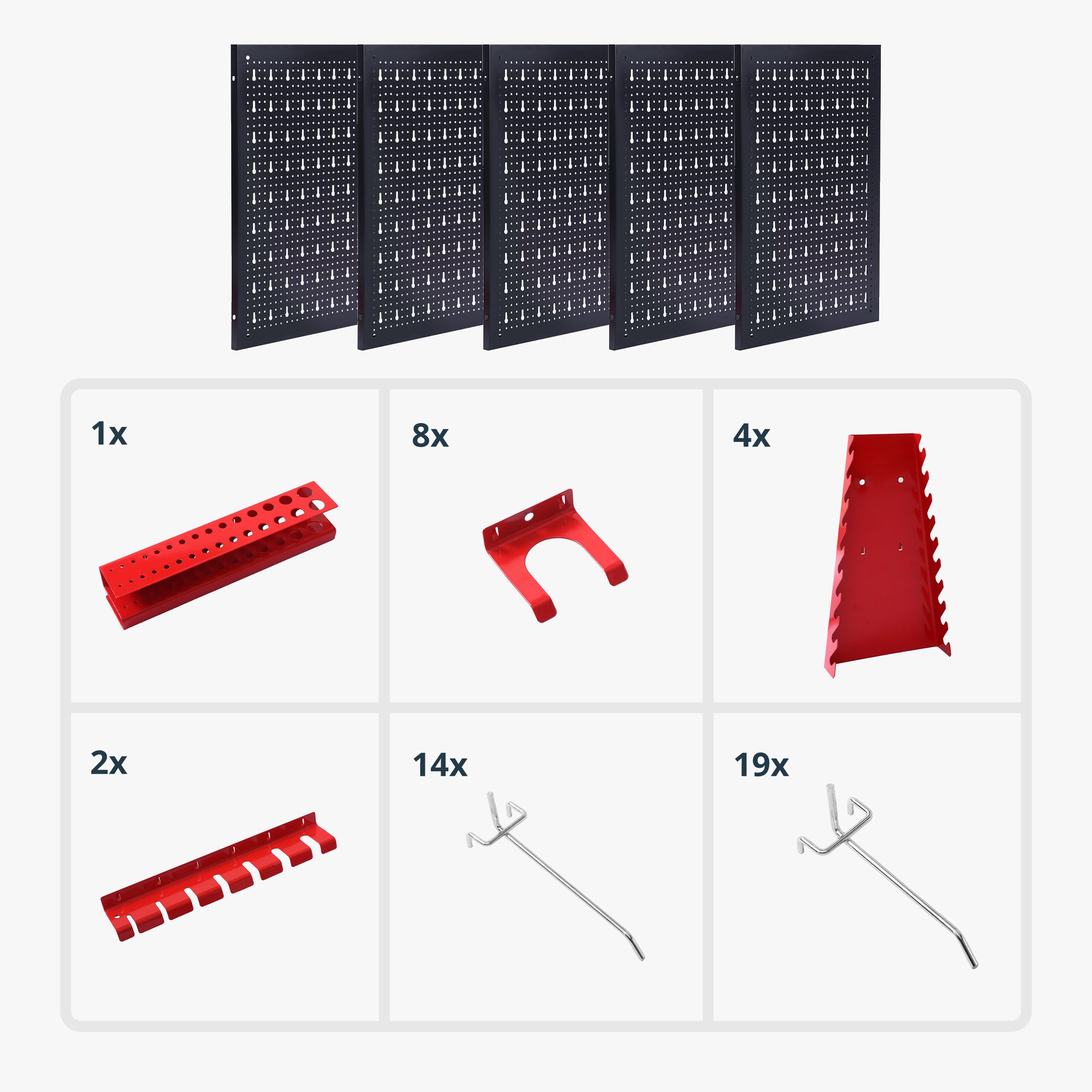 Relaxdays Paneles Perforados para Herramientas, 5 Unidades, 48 Accesorios, 60 x 40 cm, Metal, Taller, Negro/Rojo