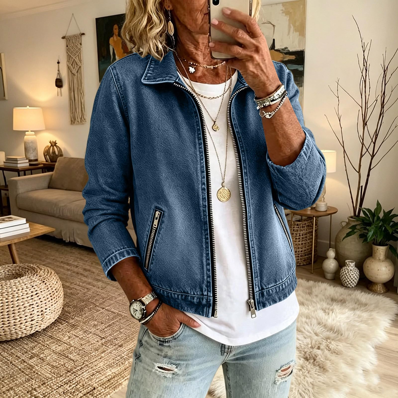 Jeansjacke Damen Oversize Jacke Casual Herbstjacke Zipper Kurzjacke Mode Kleidung Hemdjacke Frauen Übergangsjacke Sommer Herbst Jeansjacken Kurz Sweatjacke Langarm Denim Jacket Jeanshemd Damenjacken