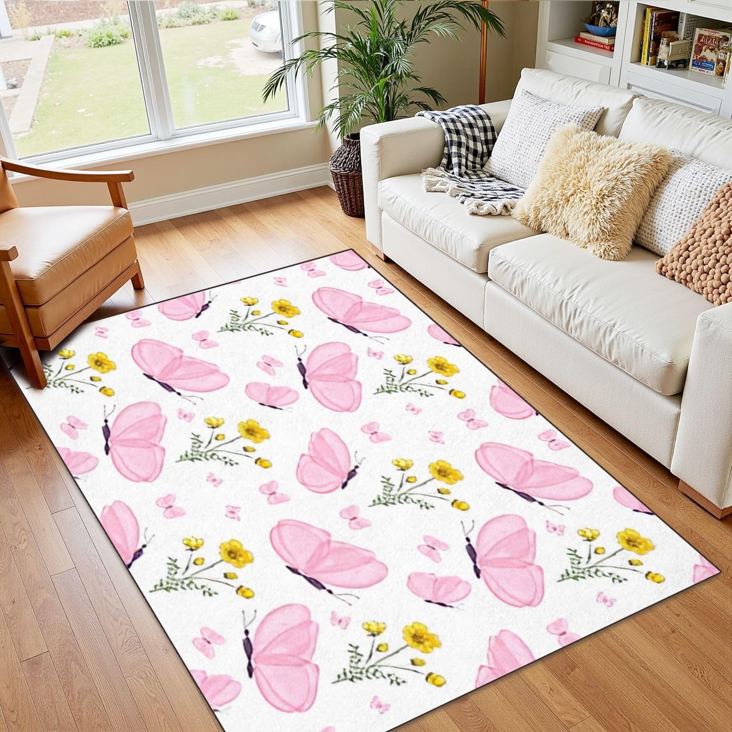 4x5 Pink Boho Rug Rugs for Living Room Rugs for Entryway Watercolor Seamless Pattern Wildflowers Pink Butterfly Bedroom Rug Door Mat Nursery Room Decor Rainbow Carpet