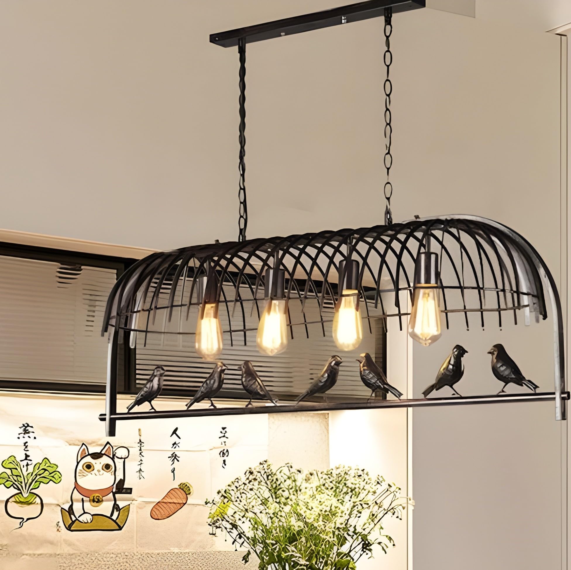 twixle (with Bulbs) 6 Birds Vintage chendelier Retro Pendant Light Industrial Wrought Iron Circular Bird Antique Cage Hanging Ceiling Light for Restaurant, Bar and Room(Black)-image-30