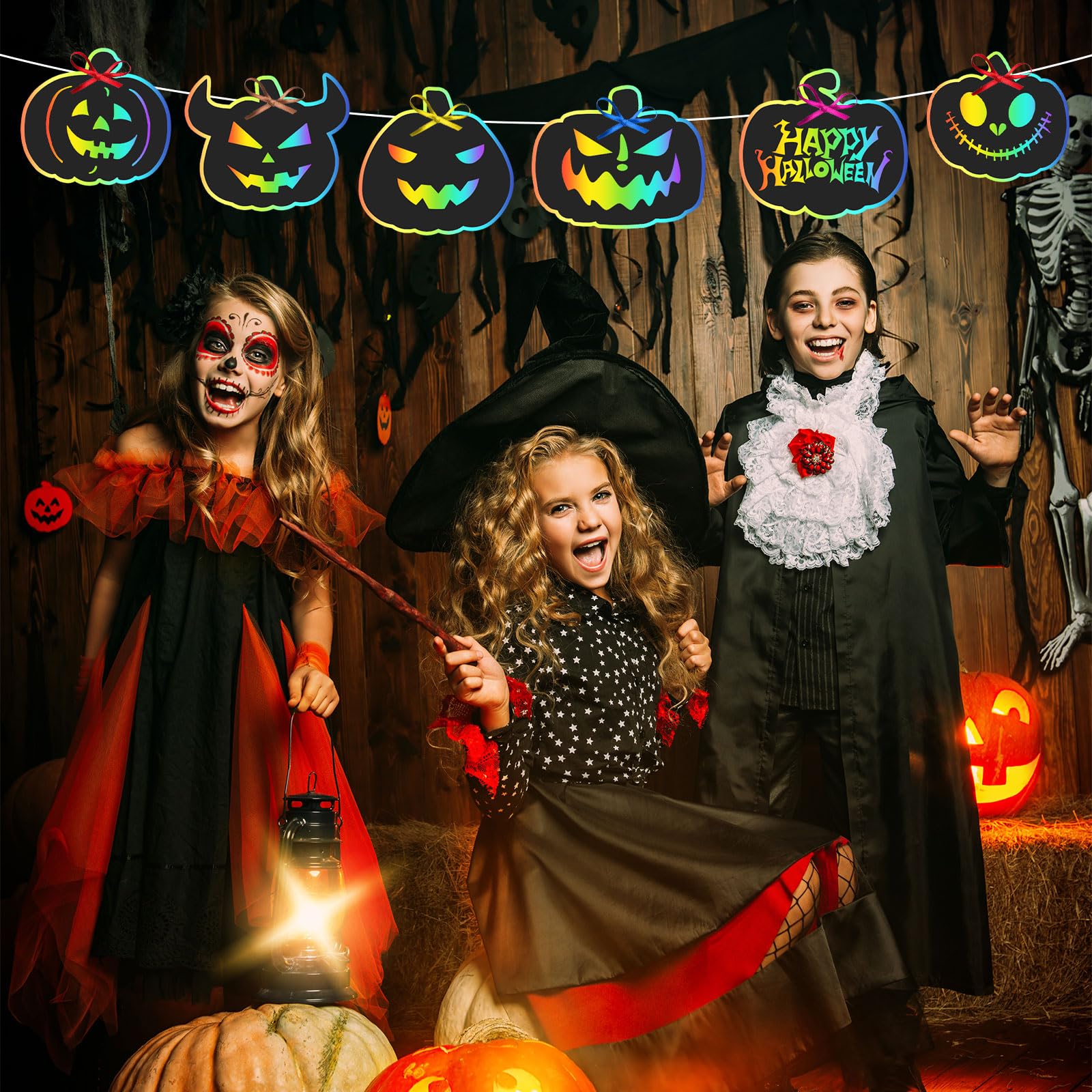 Halloween obrazki do zdrapywania dla dzieci, 48 sztuk, papier do zdrapywania, zestaw do majsterkowania, tęczowy papier z 48 taśmami i 24 pisakami do zdrapywania, zestaw do majsterkowania dla dzieci