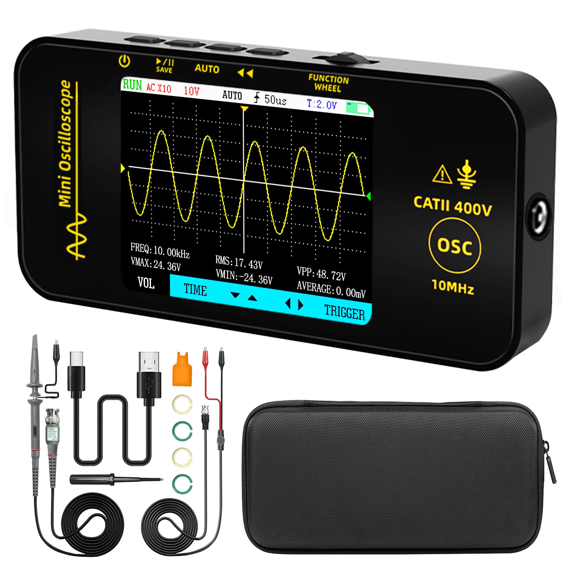 BSIDE OT3 Handheld Digital Oszilloskop Klein Mini 10MHz Bandbreite 48MSa/s Abtastung Tragbares Oszilloskop Wiederaufladbar Ultraschlank mit 3.2 Zoll Full View Farb-LCD für KFZ Audio Elektronik