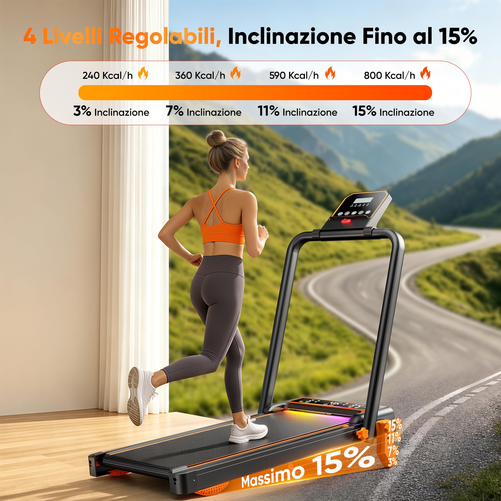 GIDGIMO Tapis Roulant Elettrico Pieghevole 2 in 1 con Inclinazione al 15%, Walking Pad con Maniglia, fino a 12 km/h, Motore Silenzioso, Display LED e Telecomando, per Casa e Ufficio