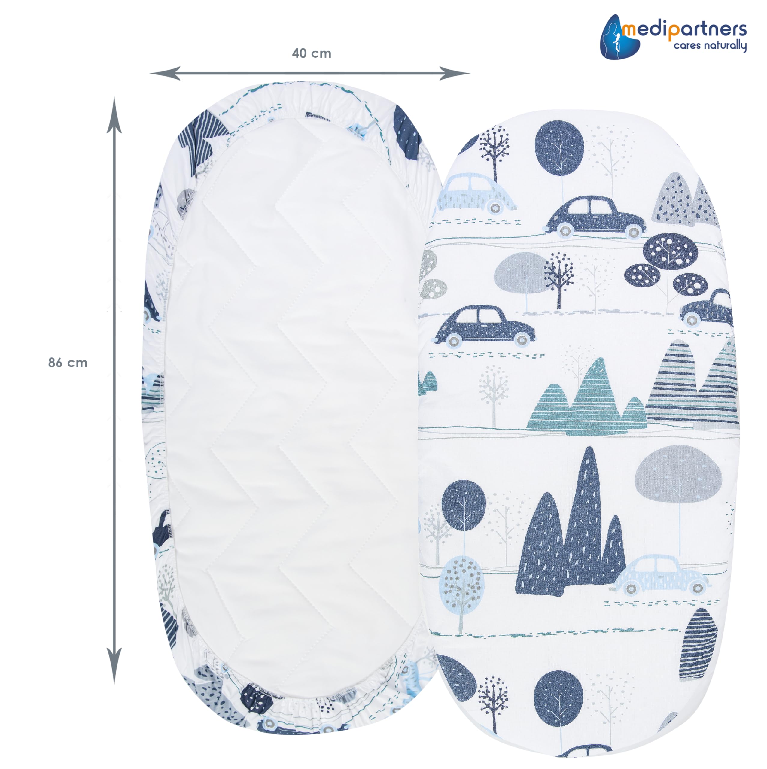 Medi Partners Set of 3 pcs. Fitted Sheet Pram 86 x 40 cm 100% Cotton Mattress Protector Baby, Retro Cars-white-grey, Three pack - Image 4