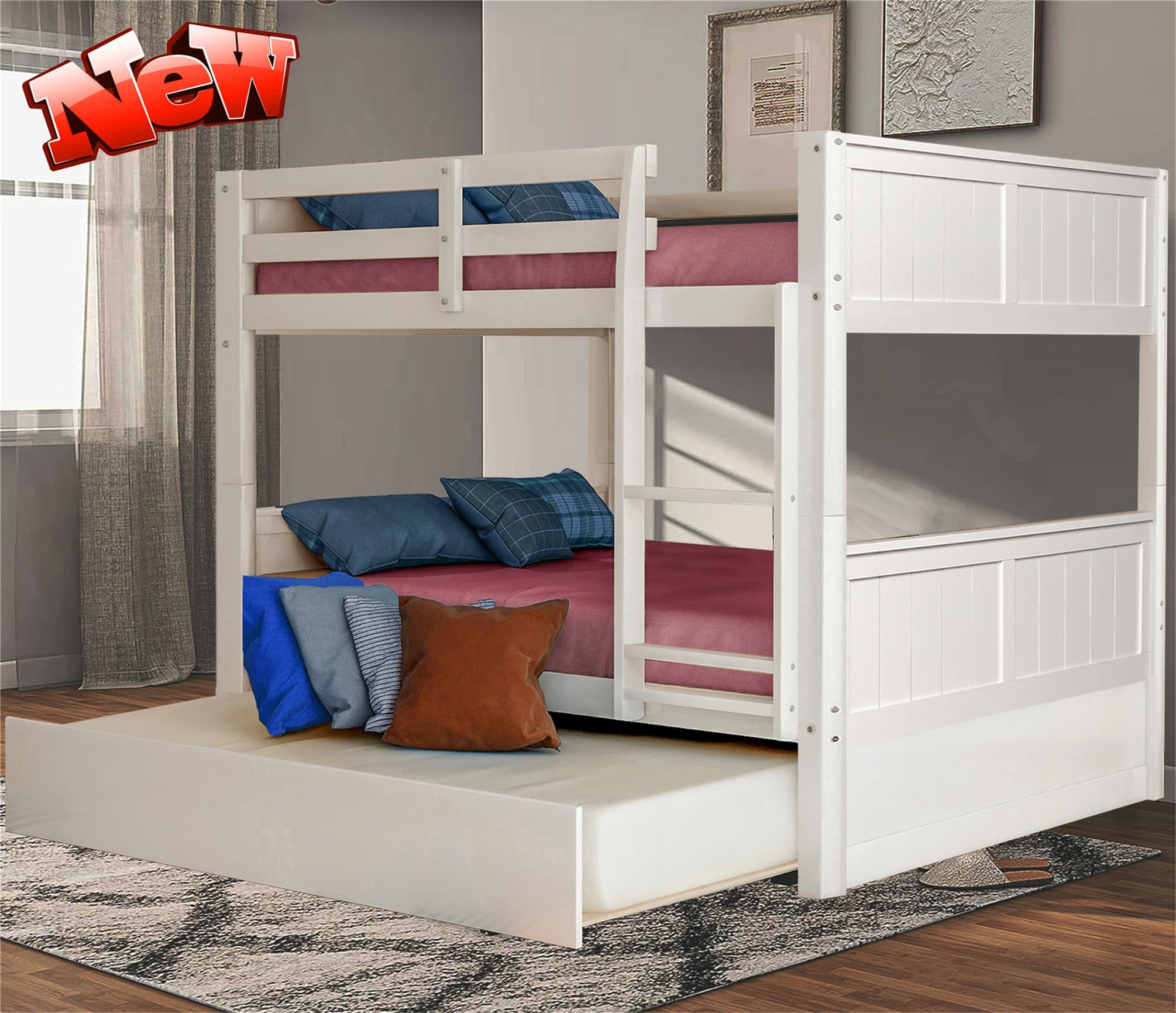 LEEKOUS Upgraded Version Best Full Over Full Bunk Bed with Trundle, Thicken Solid Wood Full Size Bunk Bed, Bunkbed Frame Full Over Full, Convertible