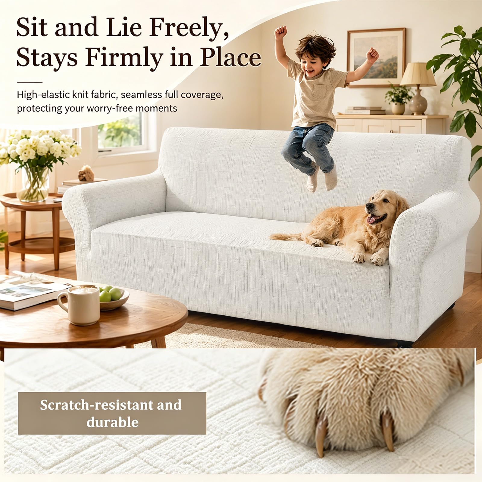 FARYODI Funda de sillón con reposabrazos, funda de sofá de alta elasticidad, funda de sofá de jacquard universal, gruesa para perros, gatos y mascotas (blanco, tres plazas)