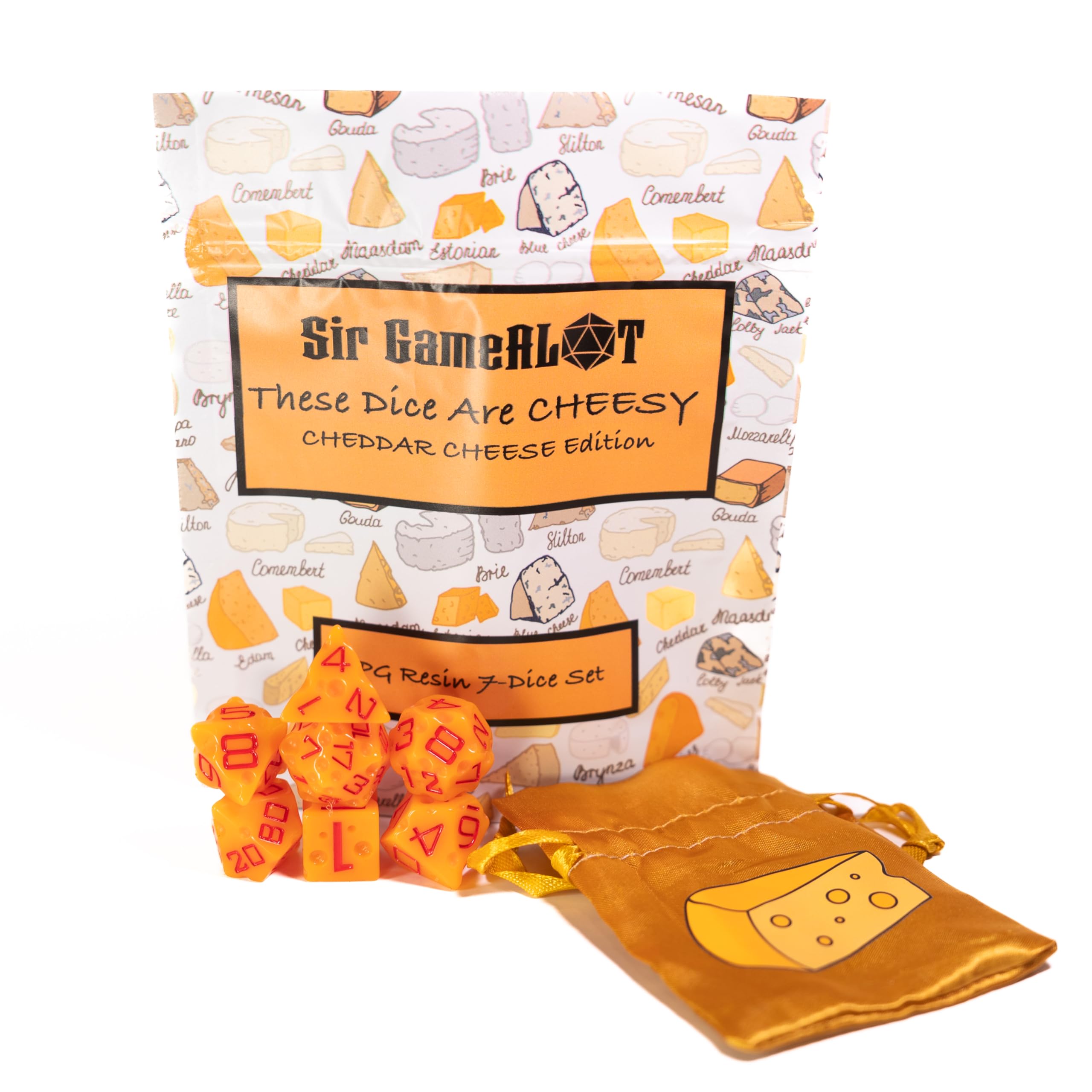 These Dice are Cheesy | Sir GameAlot Set of 7 Resin Polyhedral Dice | Dungeons and Dragons (D&D) and Other Role Playing Games (RPG) (Cheddar Cheese Edition)