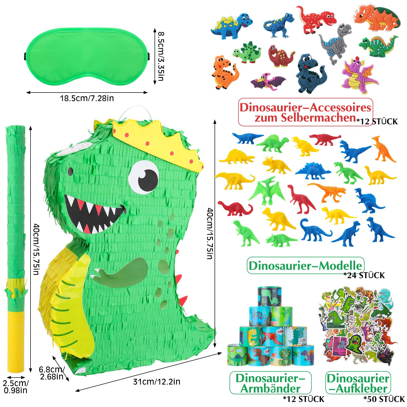 Dinosaurier Pinata Set Dino Pinjata Mit 24 Dino-Figuren, 12 Armbländern, Aufklebern & 12 Ringen, Inkl. Schlagstock & Augenbinde Für Dino Geburtstag, Schulanfang, Party
