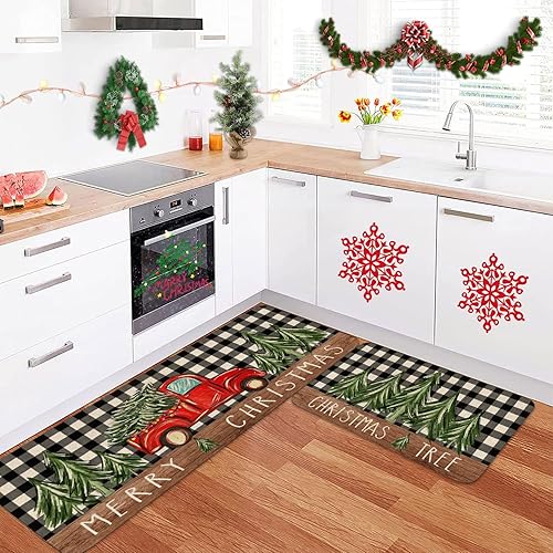 Miniatura 4 de Juego de 2 alfombras de cocina de Navidad, tapete de cocina de árbol de Navidad para piso, vacaciones de invierno, antideslizantes, lavables,