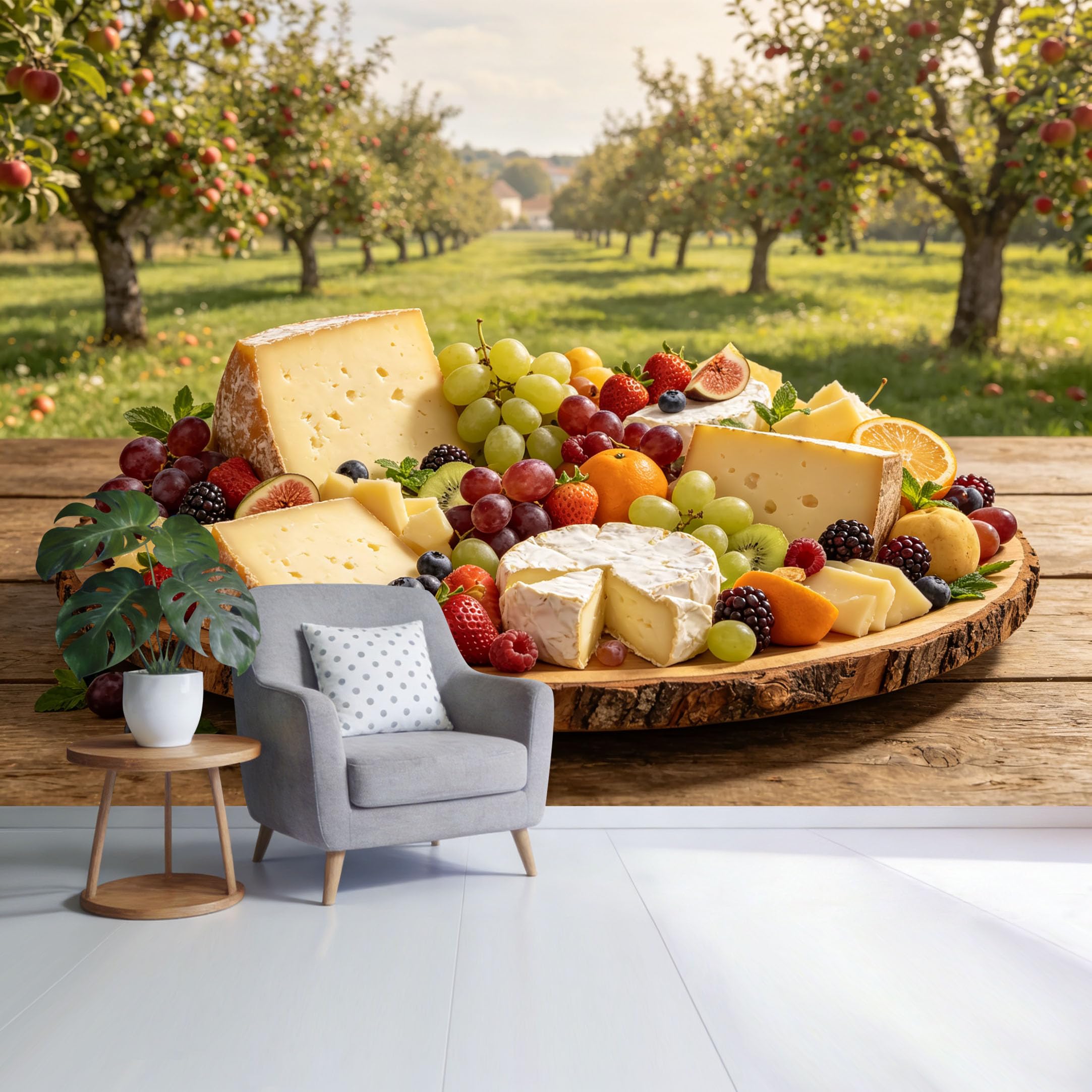 Custom Size Wall Mural Rustic Cheese and Fruit Platter Orchard Landscape Farmhouse Style SelfAdhesive Wall Fabric Removable Wallpaper for Home Office Decor