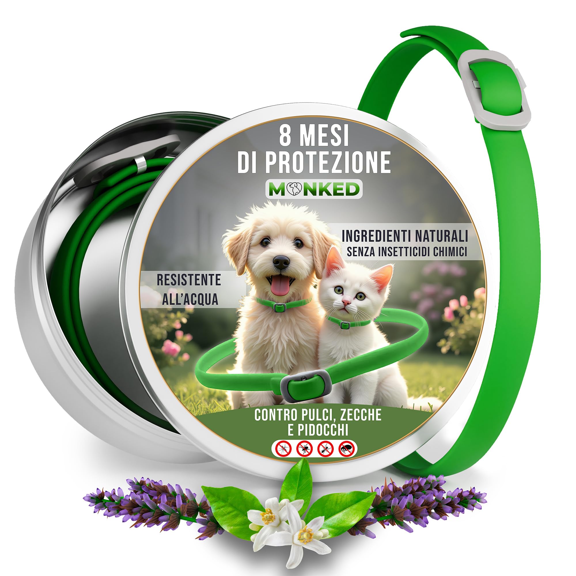 Monked | Collare Antipulci e Zecche per Cani Naturale | Fino a 8 Mesi Protezione | Regolabile | Impermeabile | Protezione Lunga Durata (Verde, Universale)
