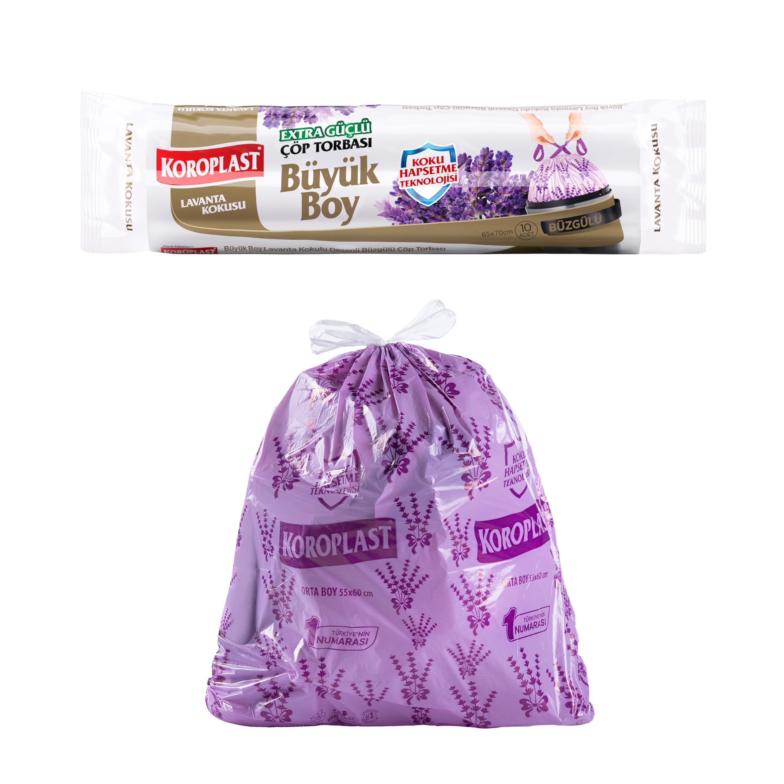 Koroplast Lavanta Kokulu Büyük Boy Büzgülü Çöp Poşeti 10'lu 65x70 cm, Kolay Bağlanır Kokulu Büzgülü Büyük Boy Çöp Torbası, Sızdırmaz, Yırtılmaz, Geri Dönüştürülebilir Torba, Ekstra Güçlü Çöp Poşeti