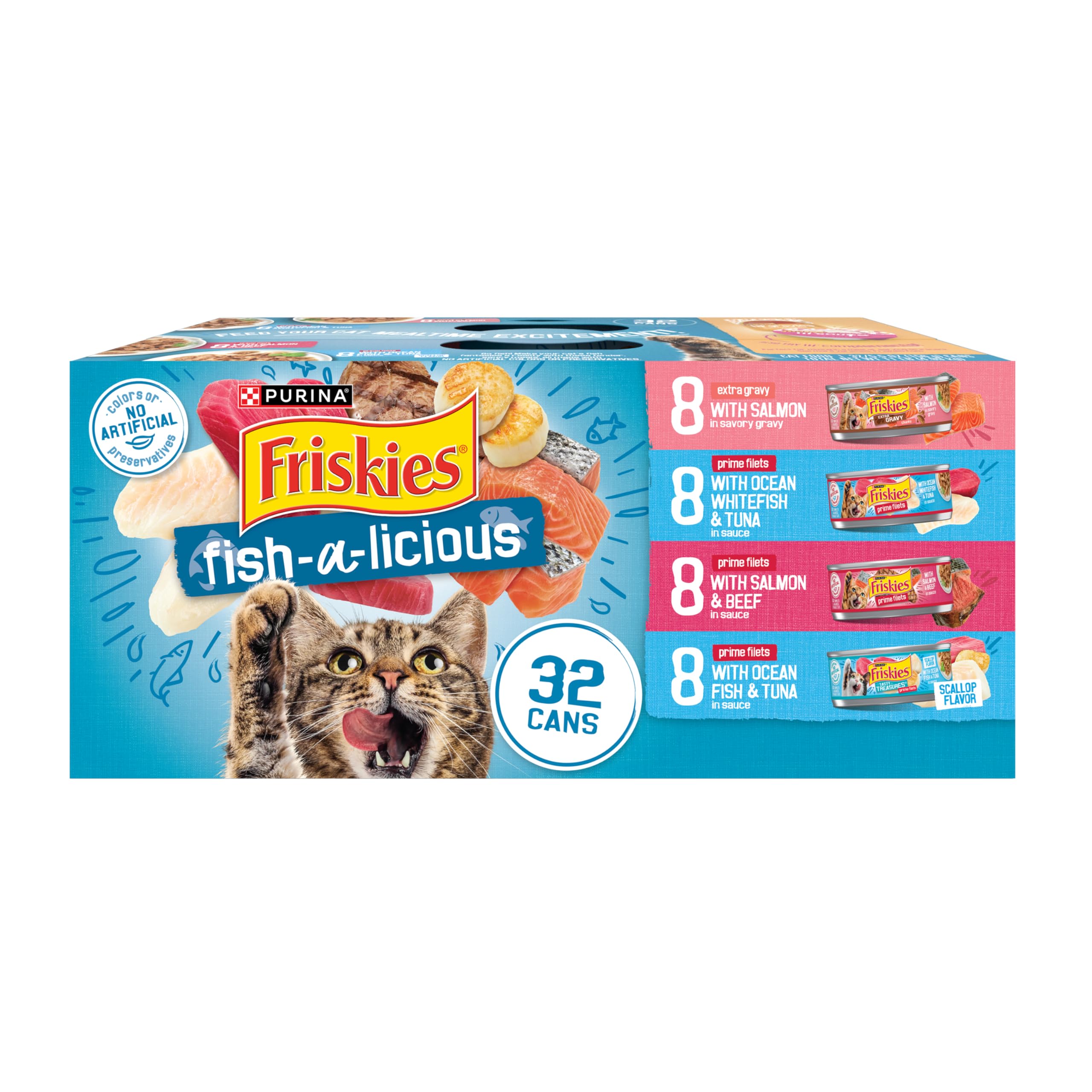 Purina Friskies Wet Cat Food Variety Pack, Fish-A-Licious Shreds, Prime Filets & Tasty Treasures - (32) 5.5 oz. Cans