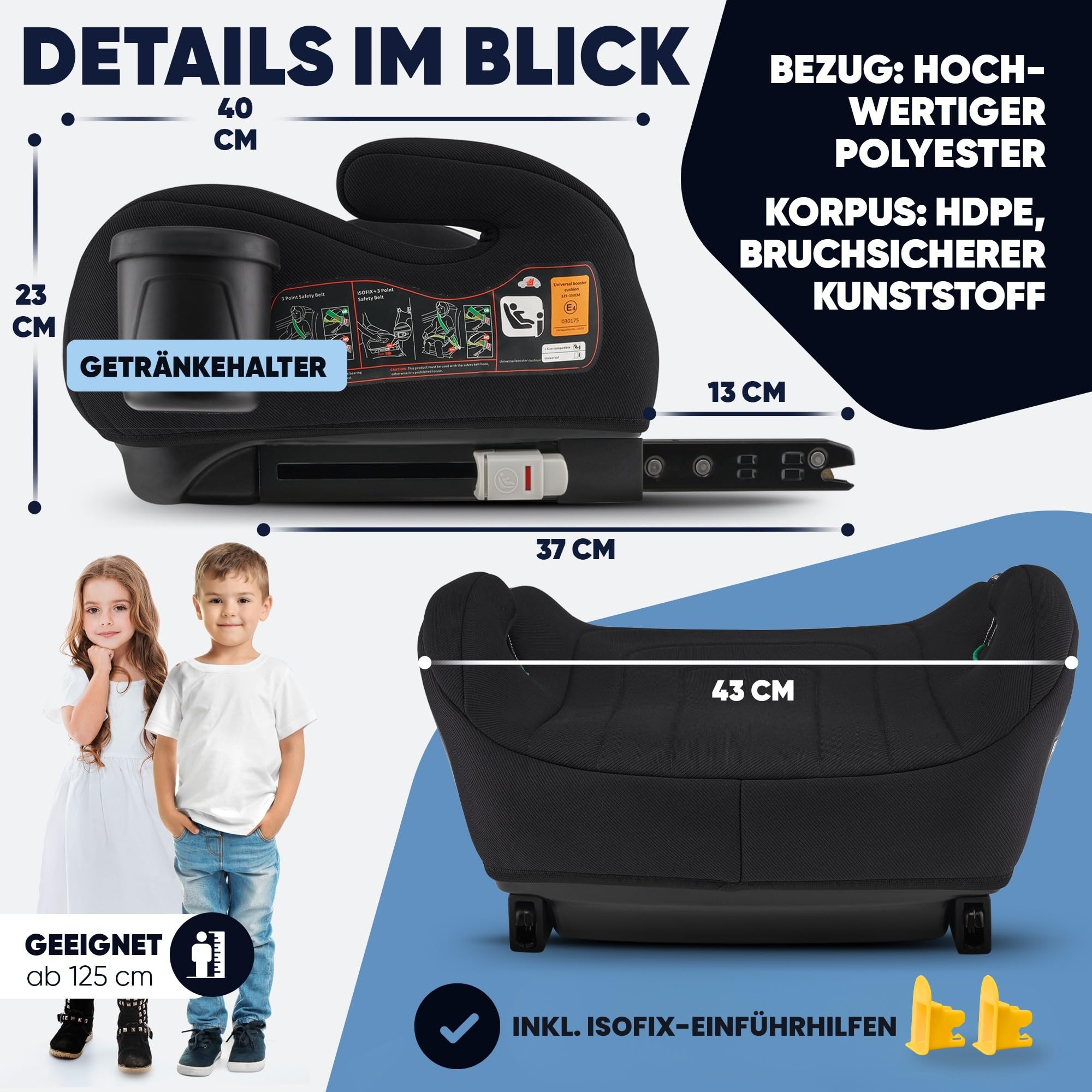 Rehausseur de siège auto de qualité supérieure avec ISOFIX - Excellent avec très bon (1,1) - ECE R129 i-Size 125-150 cm - Extra large et rembourré - Avec rembourrage de ceinture et