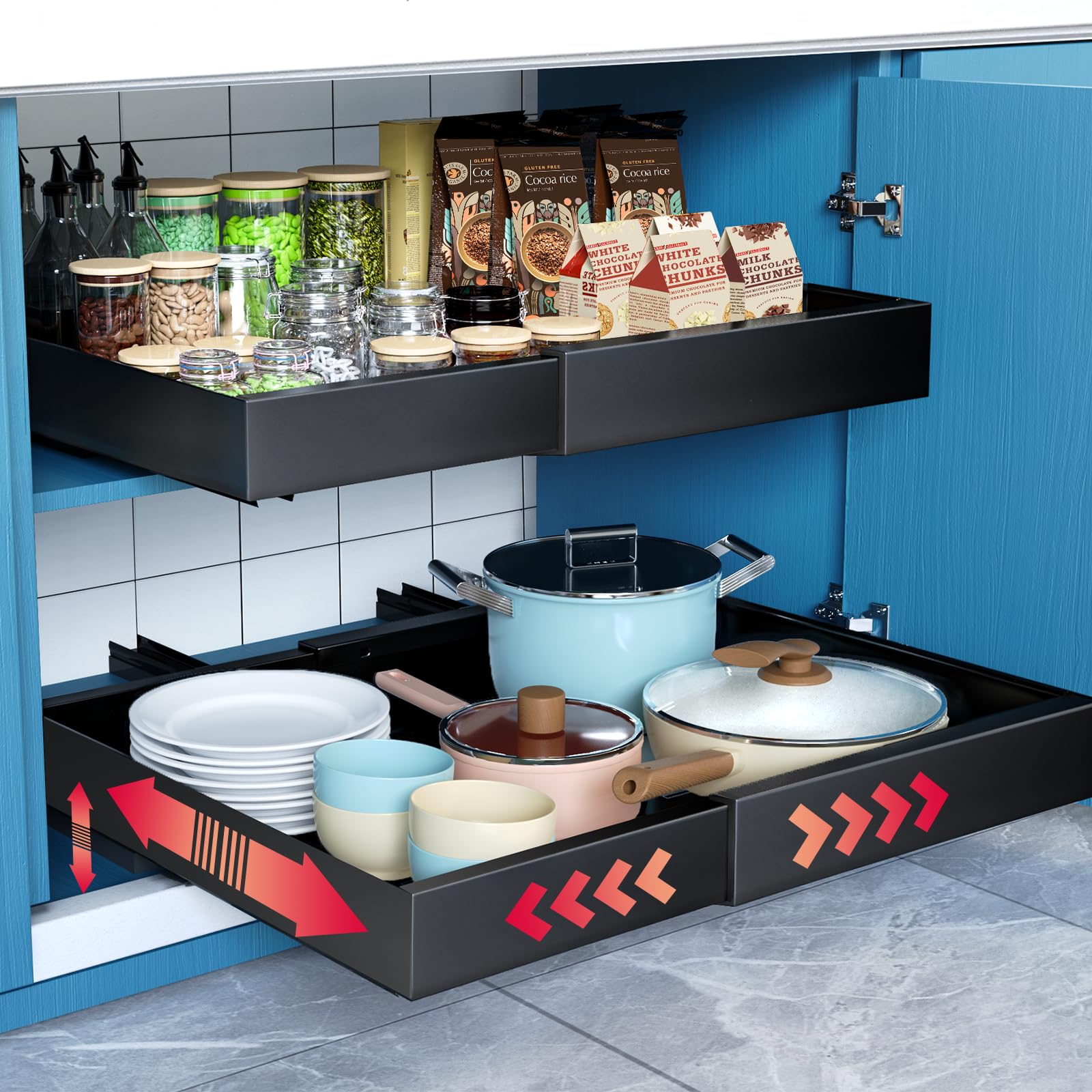 21"Deep 2Pack Expandable Pull Out Cabinet Organizers,Adjustable Width 12.6-20.5"No-Drilling,Upgrade 3 Slide Rails Slide Out Drawers,Roll-Out Shelves Adhesive With Raising Pad for Framed Cabinets,Black