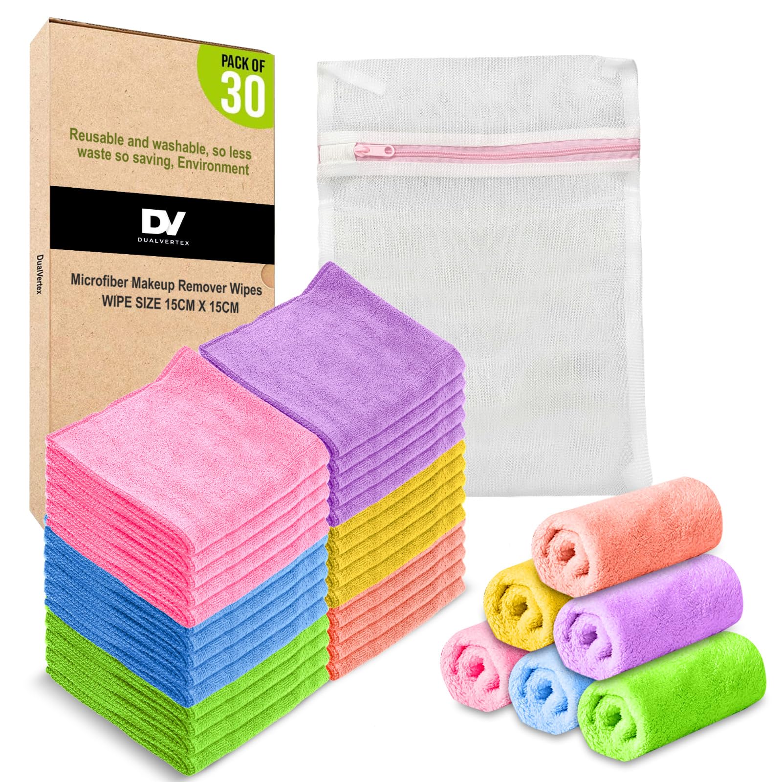 DualVertex 30 Pcs Microfibre Face Cloths For Washing Face - 15 x 15cm Reusable Make up Remover Cloth Wipes with 1 Laundry Bag