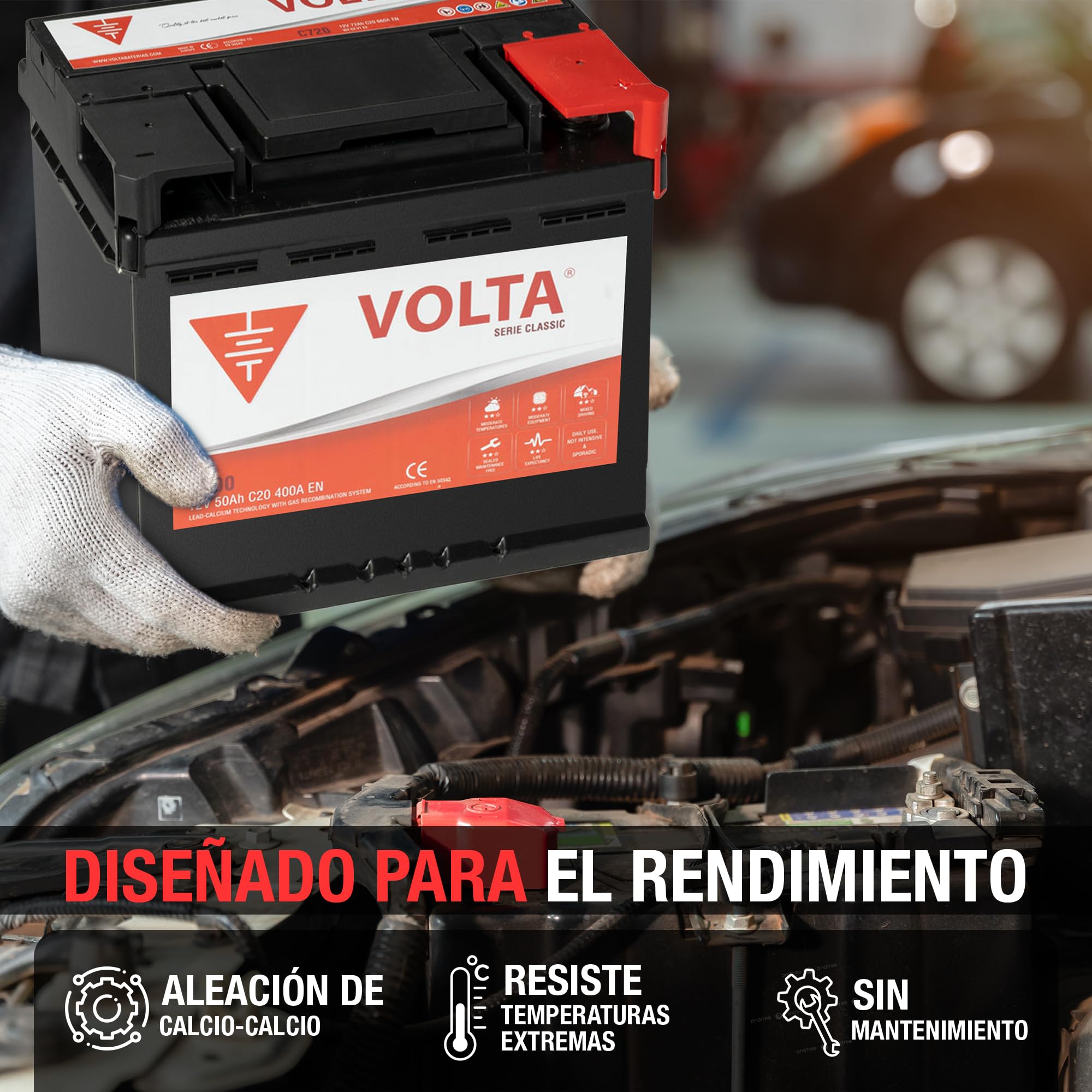 Bateria de Coche 50Ah 400A - Volta Classic C500D - Borne +Dcha - Medidas Largo 207 x Ancho 175 x Alto 190 mm con 2 años de Garantía - Fabricación Europea.