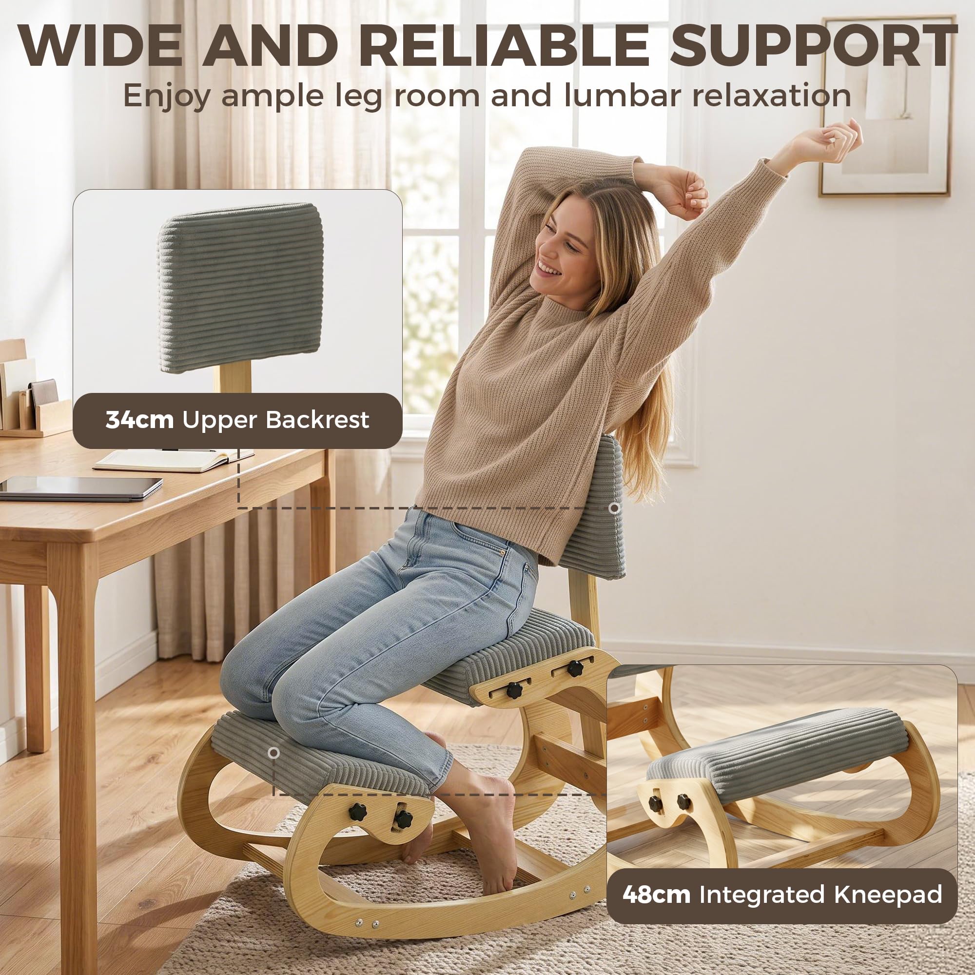HOMCOM Silla Ergonómica de Rodillas con Respaldo Tapizado en Pana Gris | Silla de Rodillas, Amplio Apoyo, Estructura de Madera, Mejora la Postura