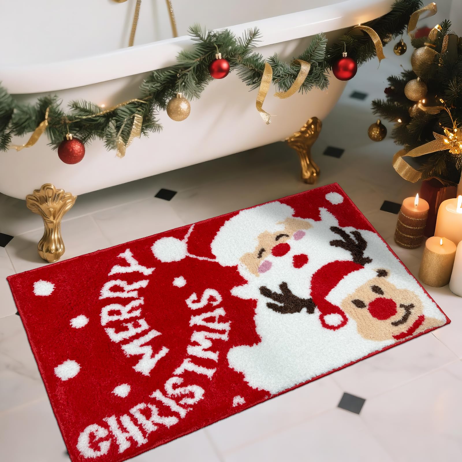 APROPHIC Weihnachten Badezimmer Teppich 50x80 cm, Santa Rutschschutzmatte, Niedliche Hirsch Reinigbar Badematte, Ultrafeine Mikrofaser Wasserabsorbierende Badematte, Geeignet Für Badezimmer, Wäscherei