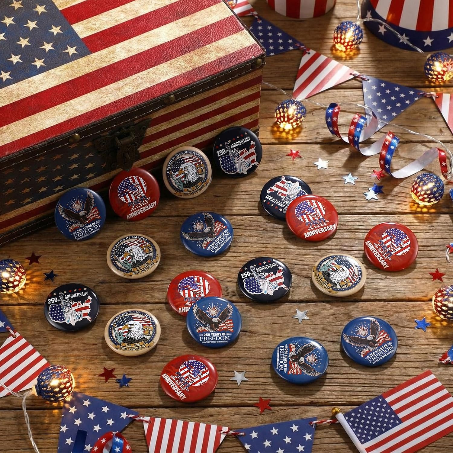Kenning 50 Pcs Patriotic 250th Birthday Buttons Pins Bulk 1.5 Inch 250th Anniversary Celebrating Pins Back Button Badges