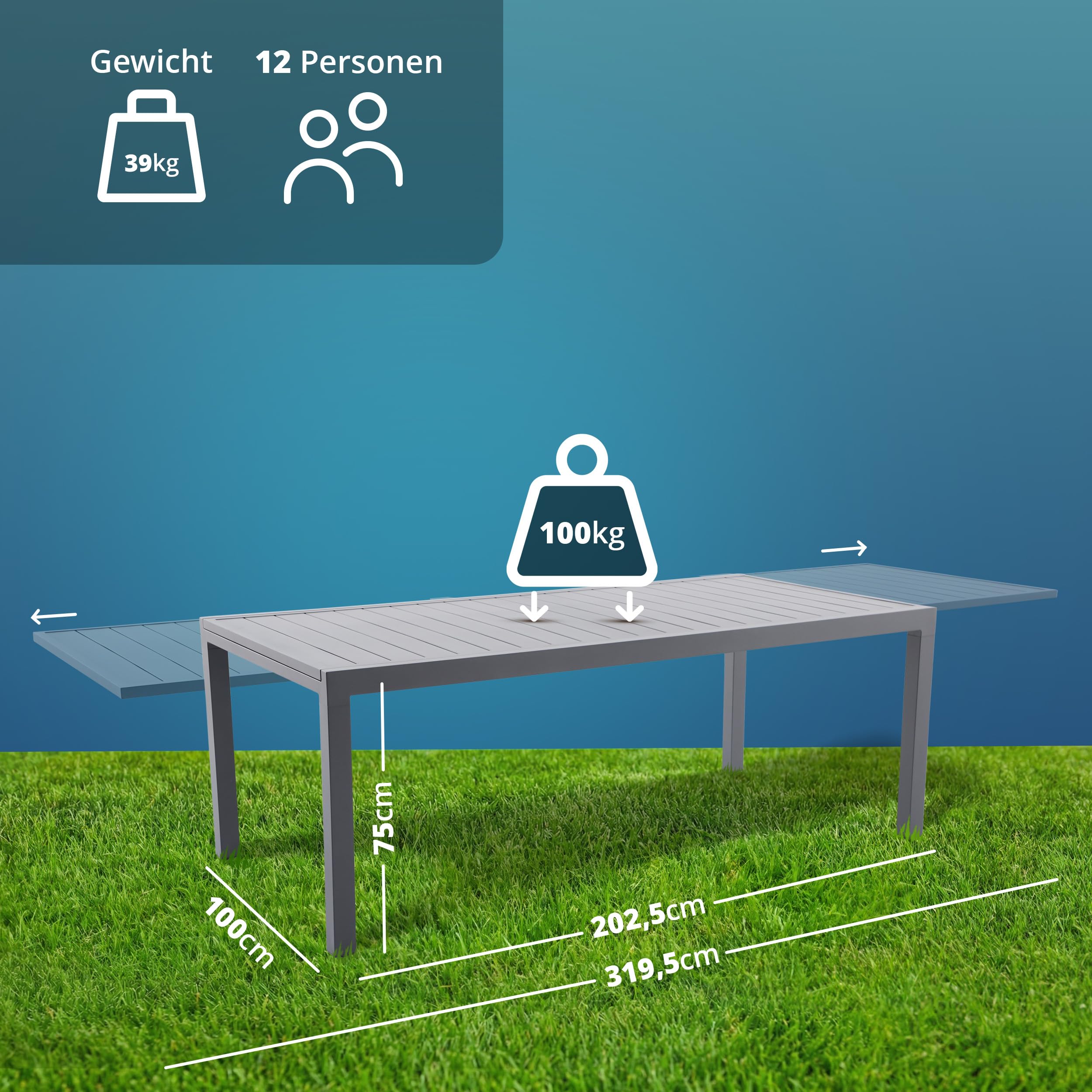 KHG Gartentisch ausziehbar Grau, Ausziehtisch aus Eisen-Gestell und Aluminium Tischplatte für 10 Personen, wetterfest UV-beständig, 100x75x203-320 cm