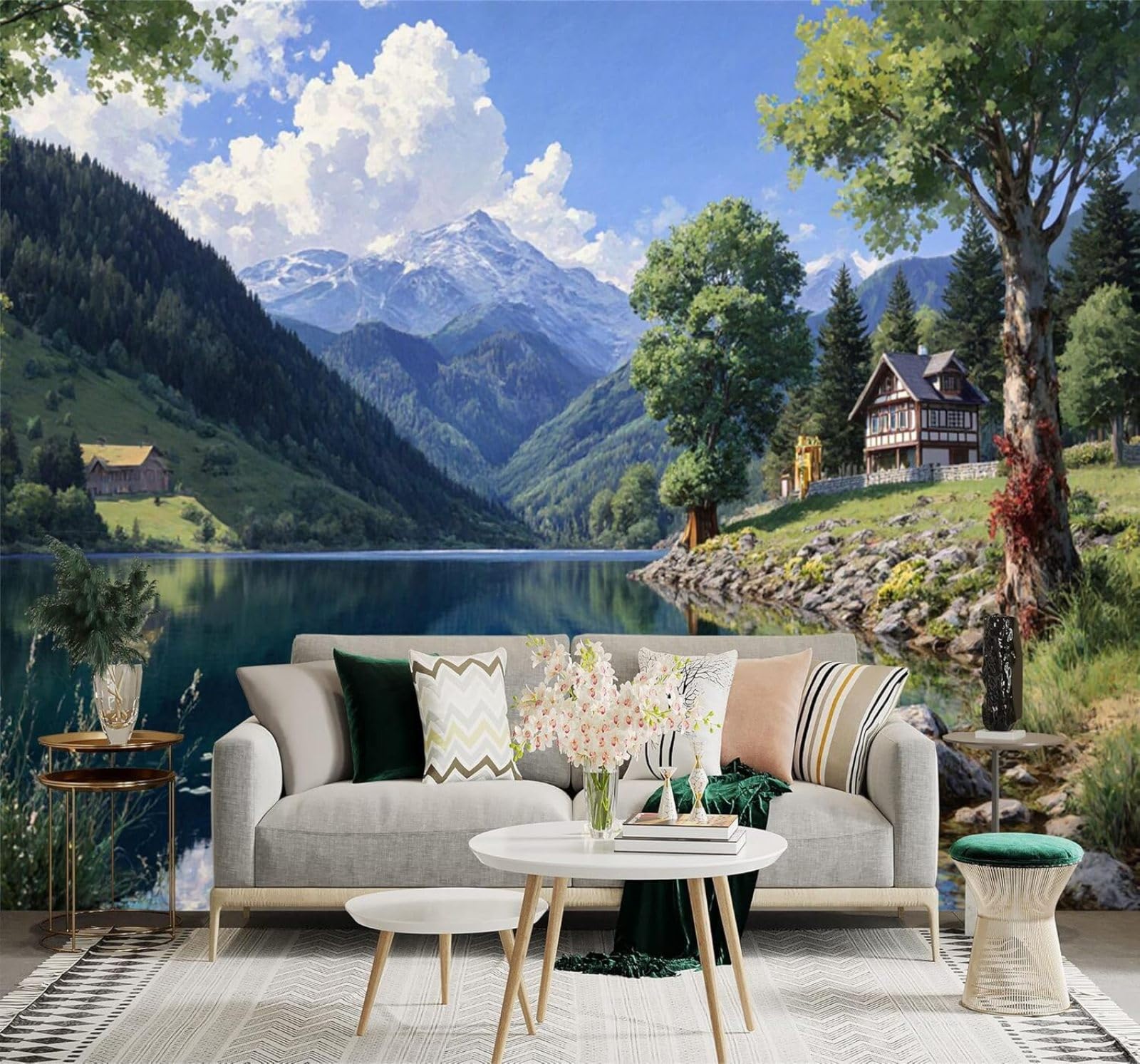 XLMING Mountain Cabin Lake Forest Mountain Peaks Reflections 3D Wallpaper Silky Texture Home Study Office Grey Dining Room Sofa Bedroom Living Room TV Backdrop-200cm×140cm