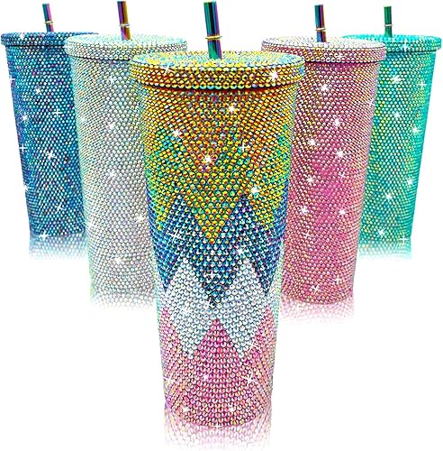 Miniatura 5 de XMYAINA Vaso brillante de 26 onzas con diamantes y tachuelas de diamantes, botella de agua con tapa y pajitas, acero inoxidable aislado al vacío,